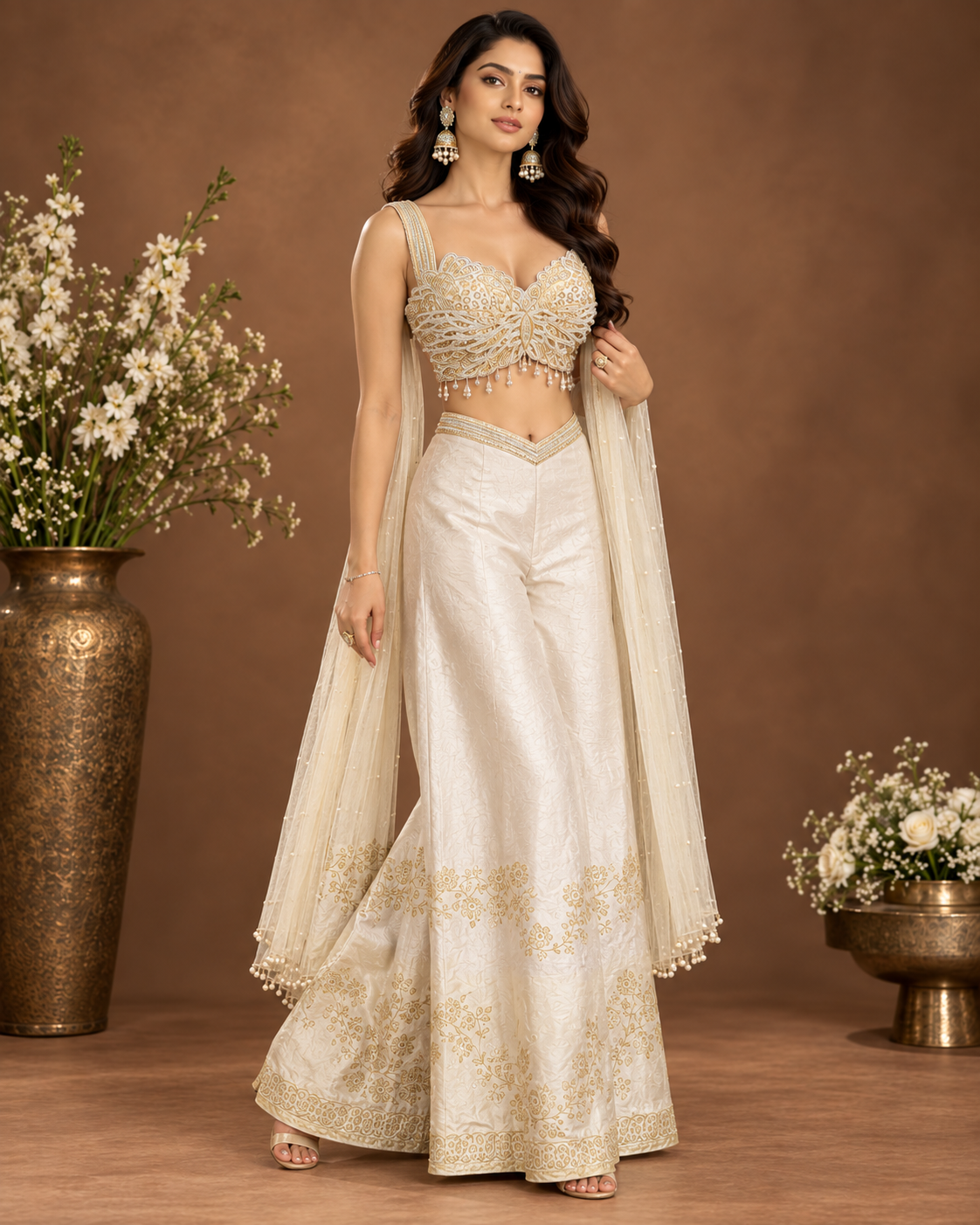 Ivory Gold Embroidered Sharara Set with Cape Dupatta