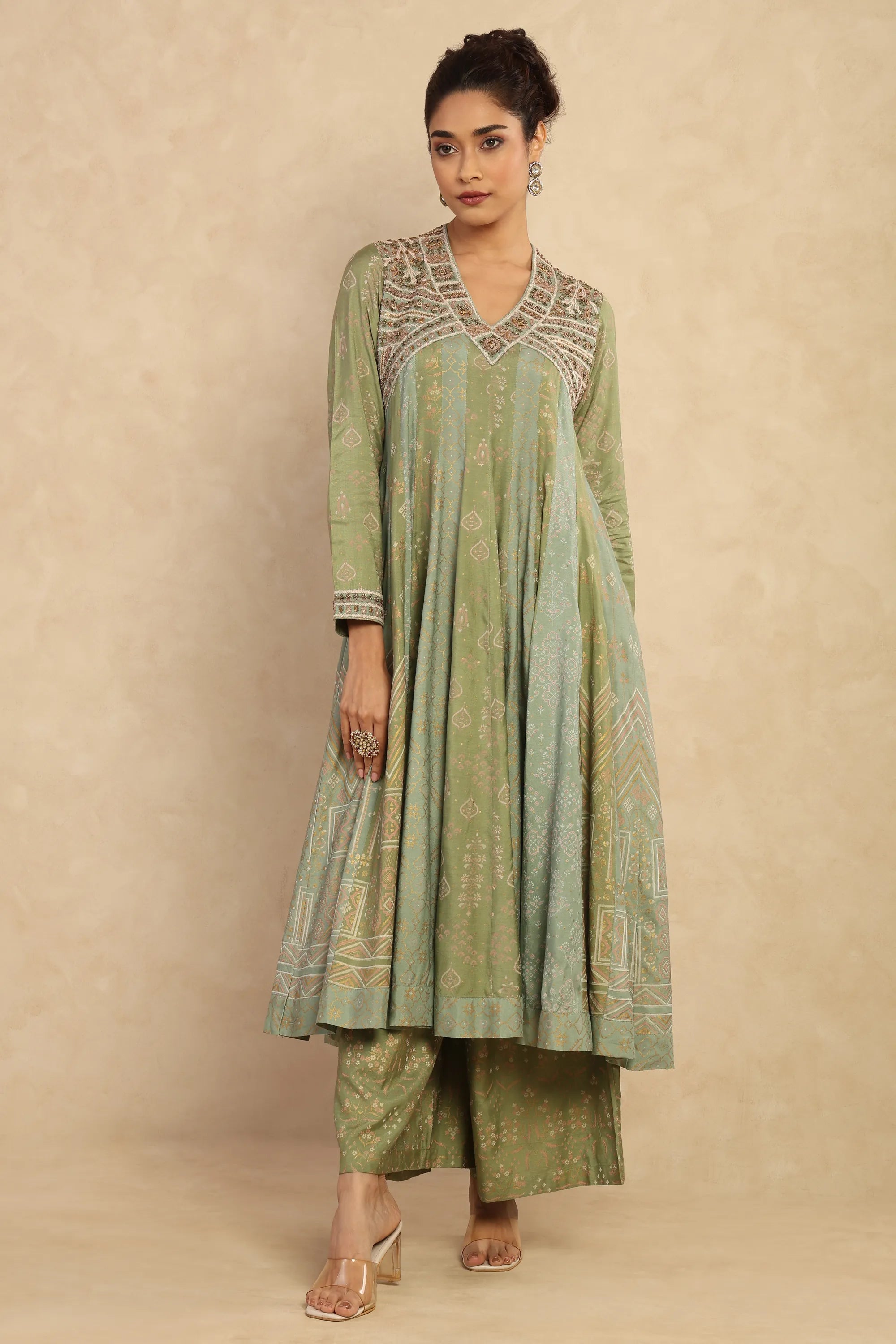 Sage Green Embroidered Anarkali Kurta & Palazzo Set