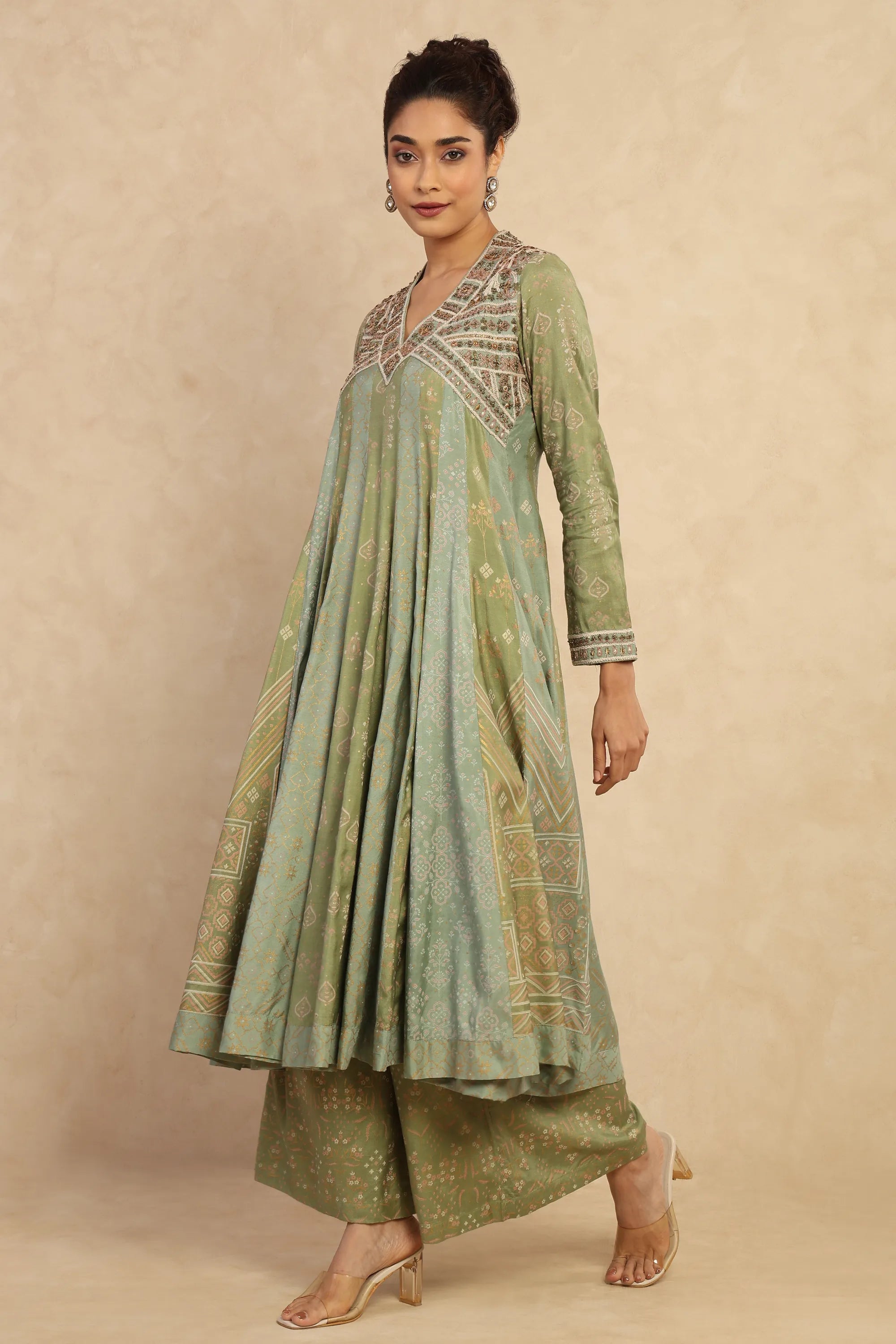 Sage Green Embroidered Anarkali Kurta & Palazzo Set