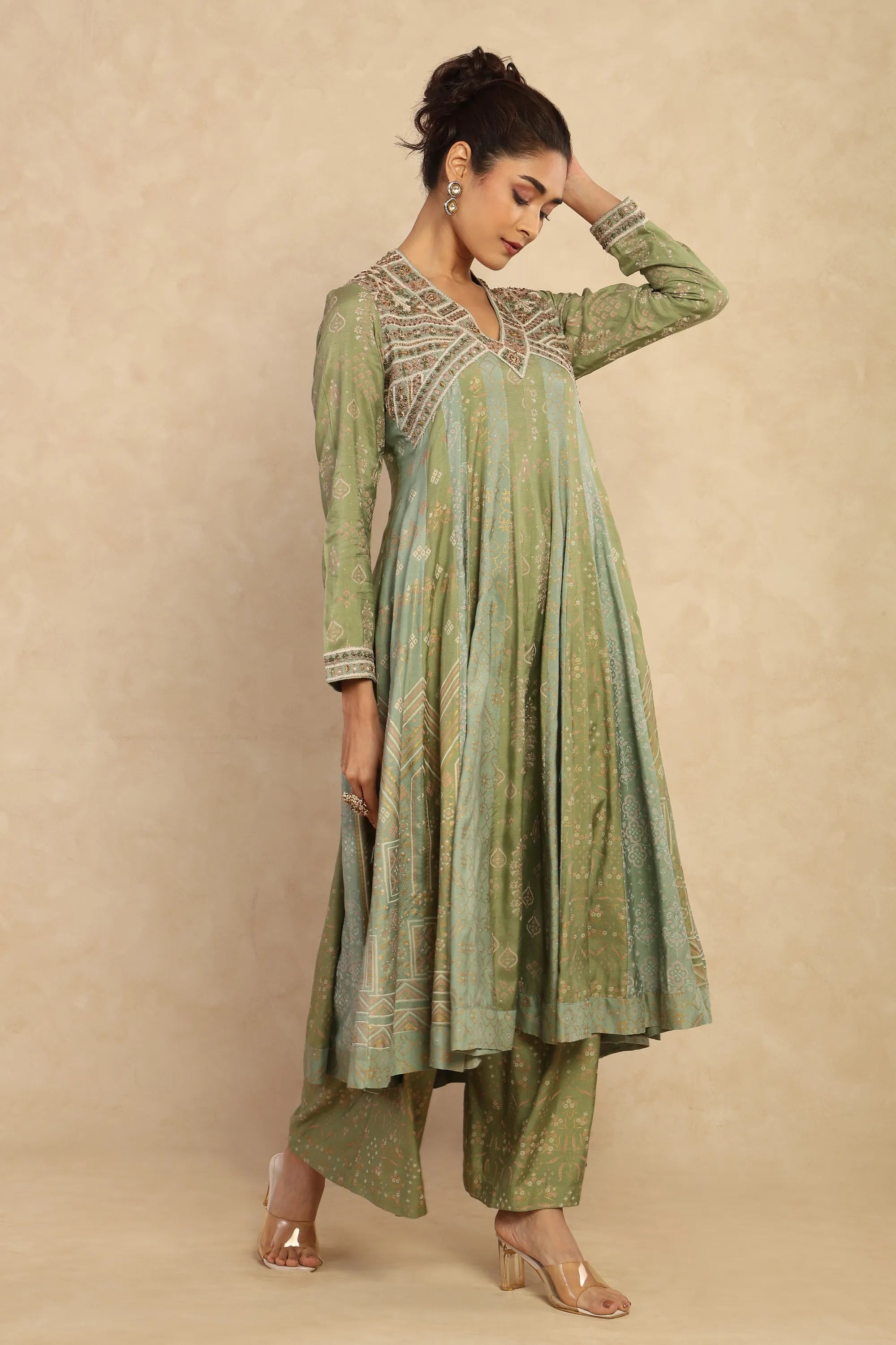 Sage Green Embroidered Anarkali Kurta & Palazzo Set