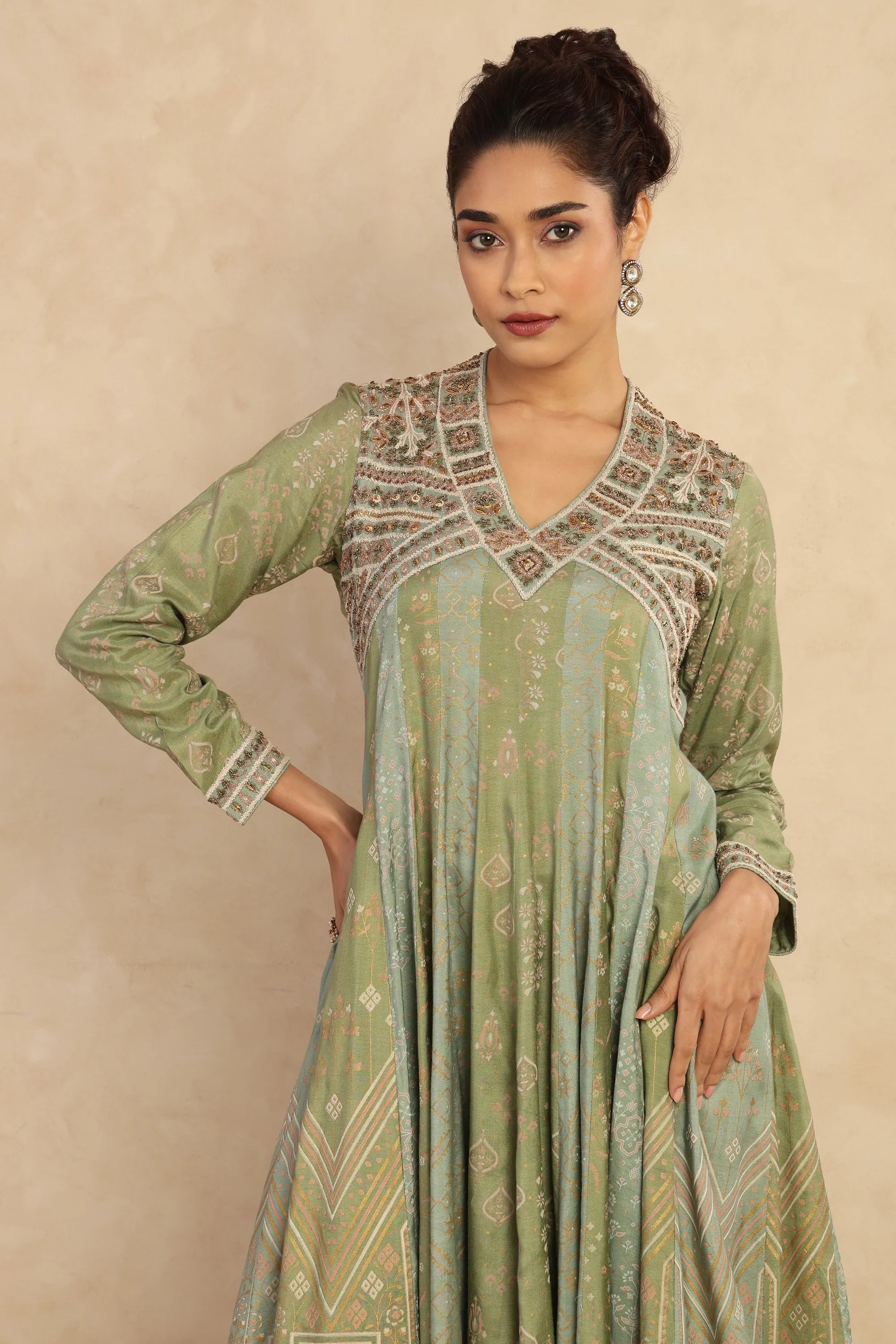 Sage Green Embroidered Anarkali Kurta & Palazzo Set