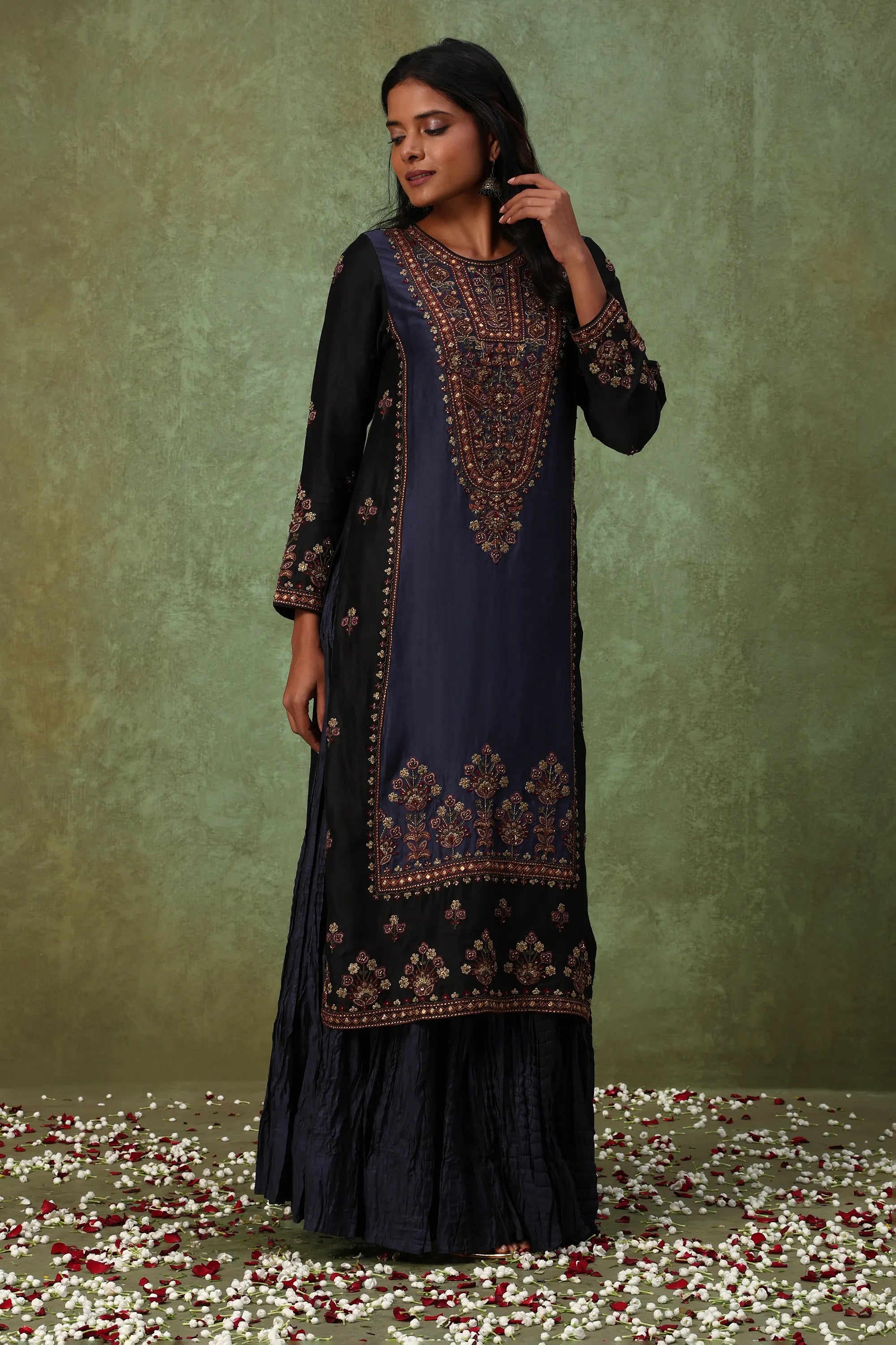 Navy & Black Embroidered Kurta