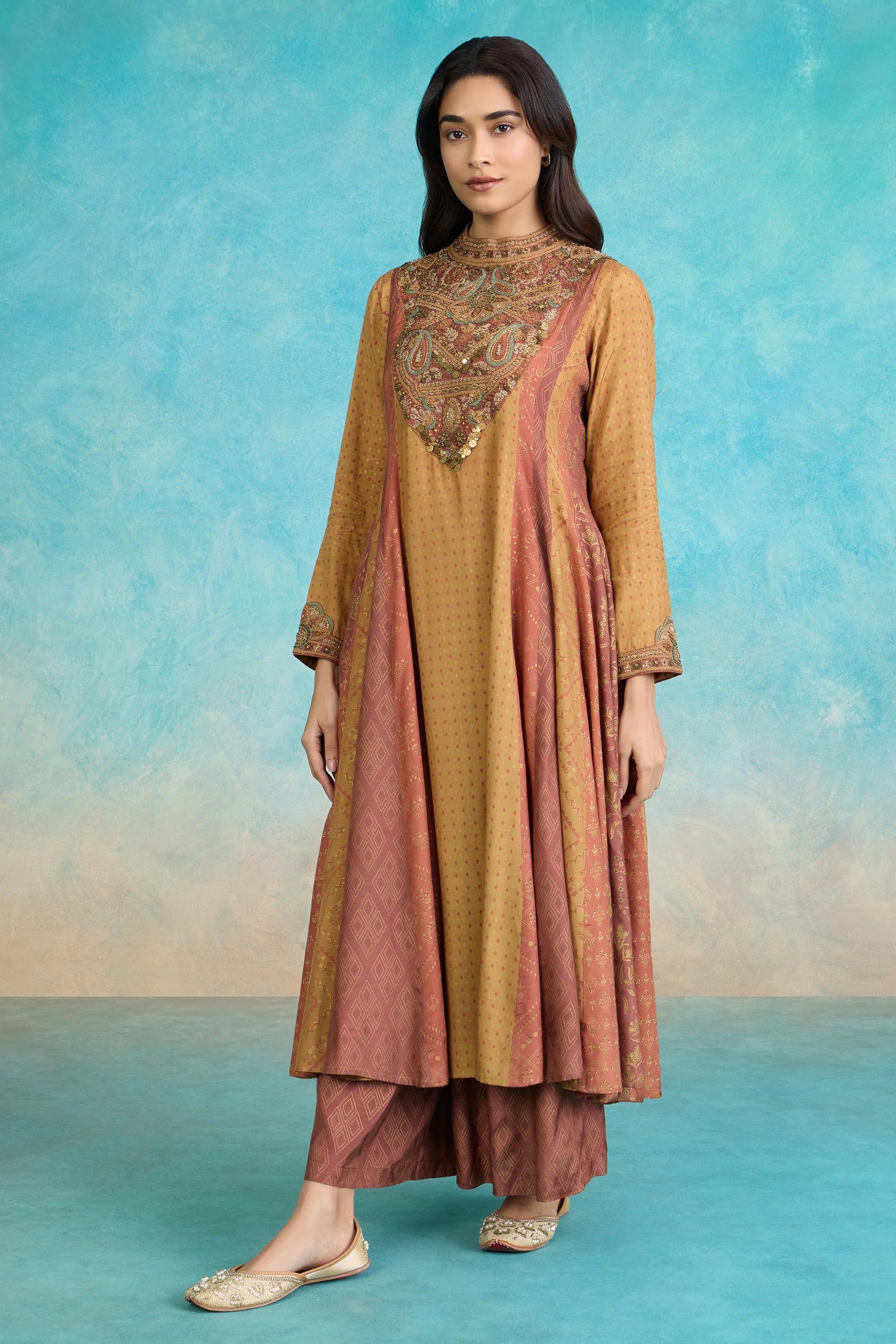 Mustard Paisley Embroidered A-Line Kurta Set