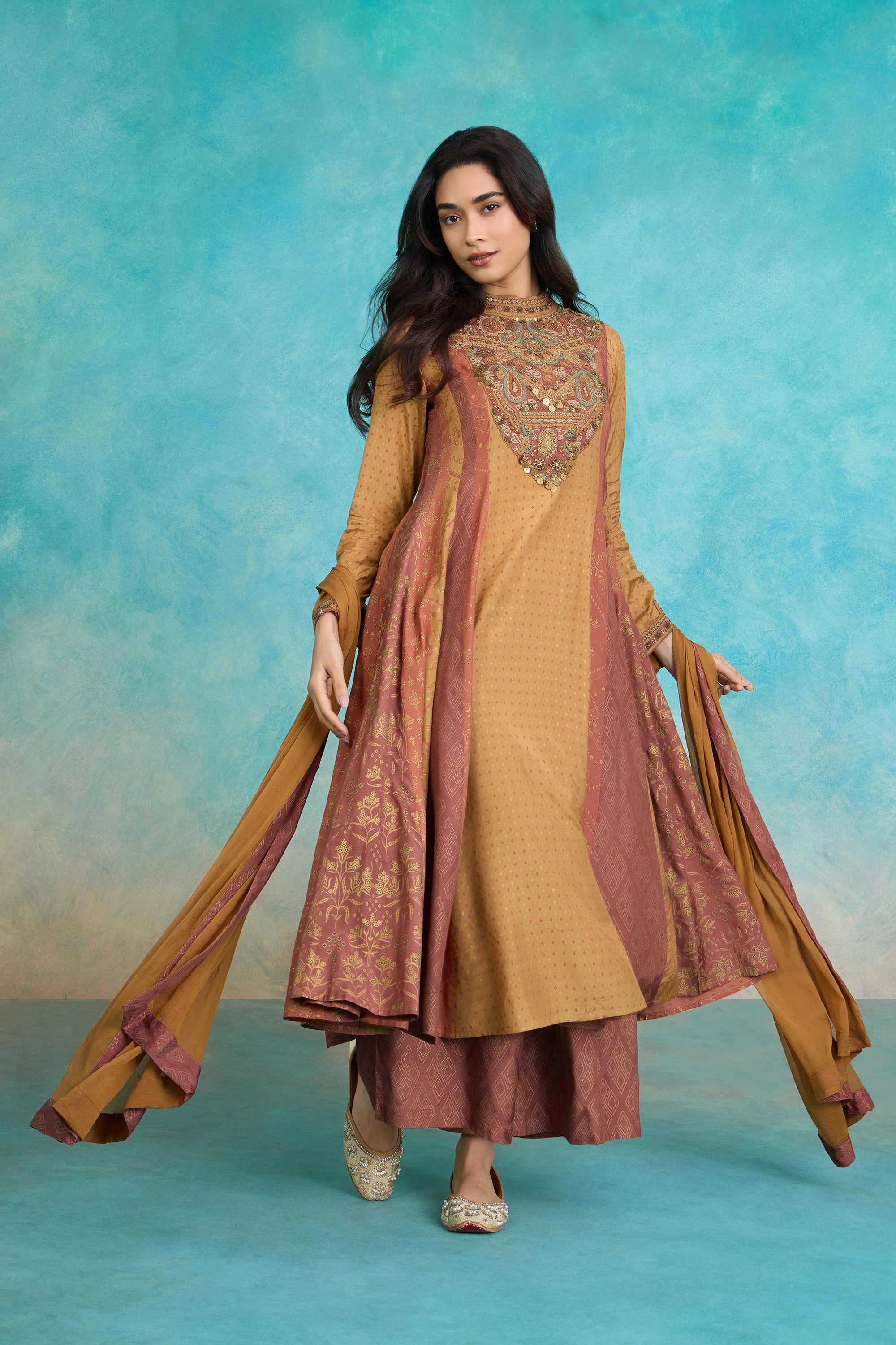 Mustard Paisley Embroidered A-Line Kurta Set