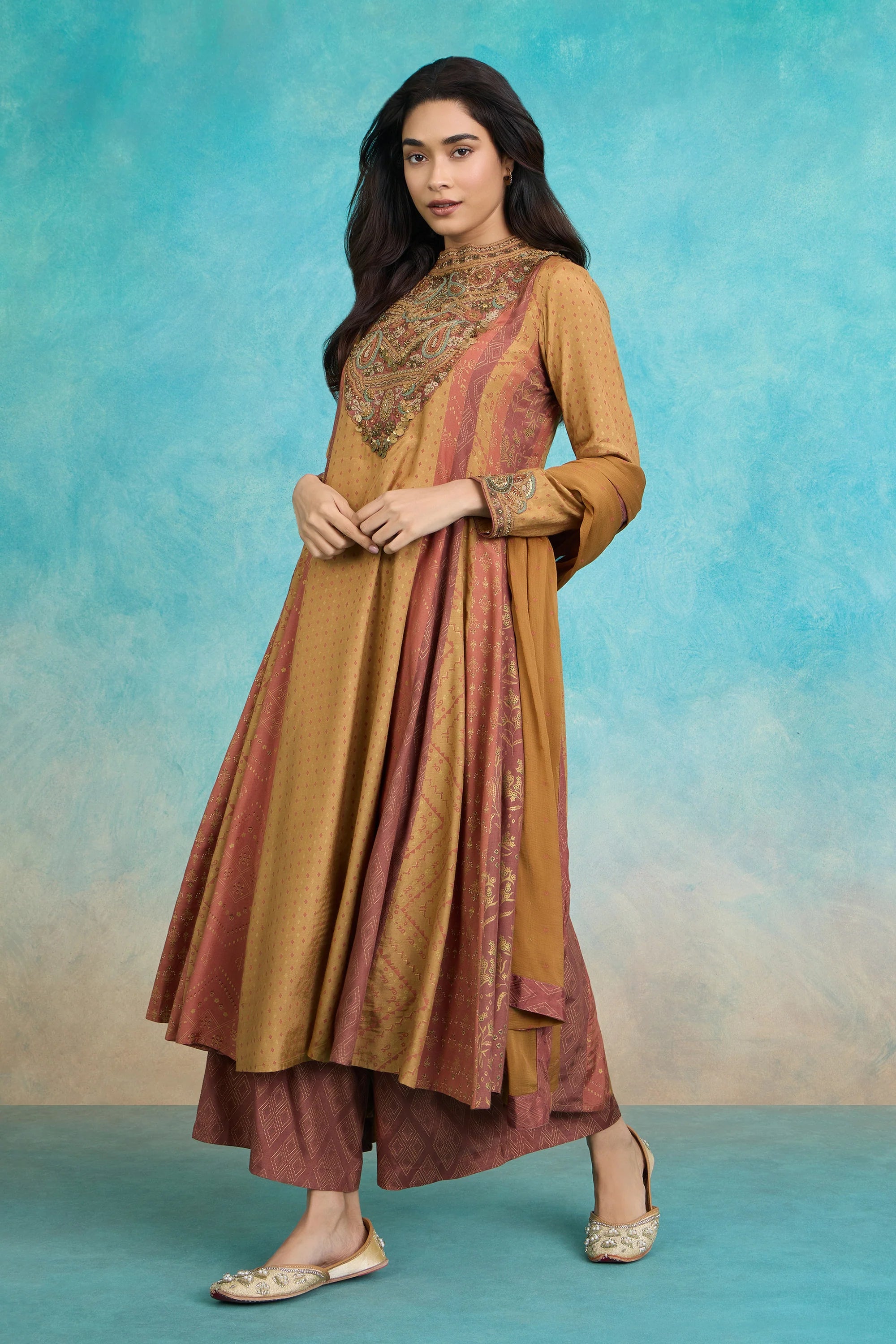 Mustard Paisley Embroidered A-Line Kurta Set