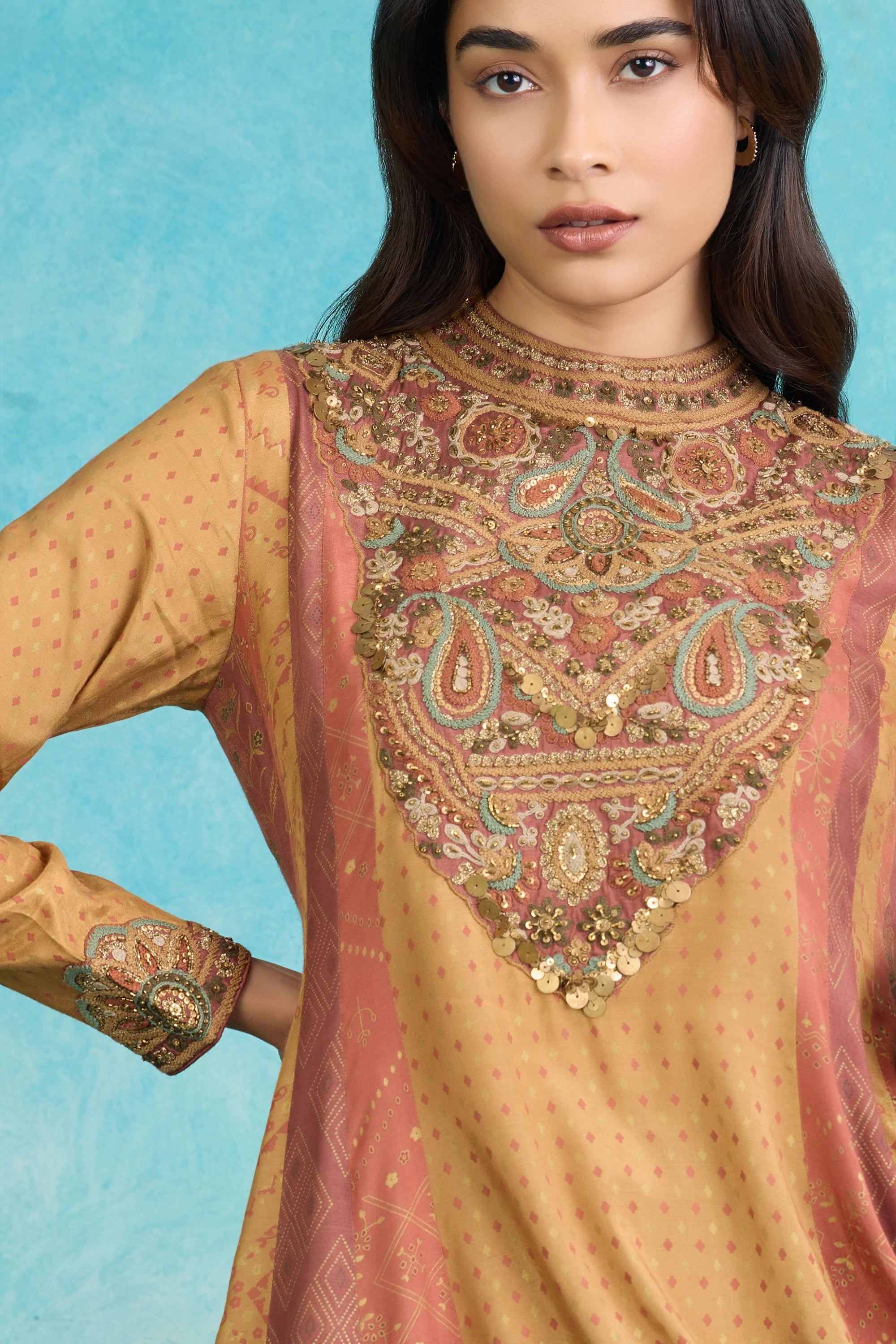 Mustard Paisley Embroidered A-Line Kurta Set