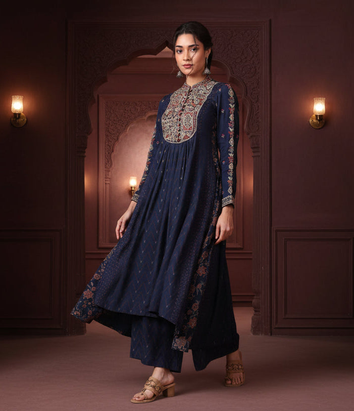 Woman wearing a navy blue embroidered traditional outfit on an orange background