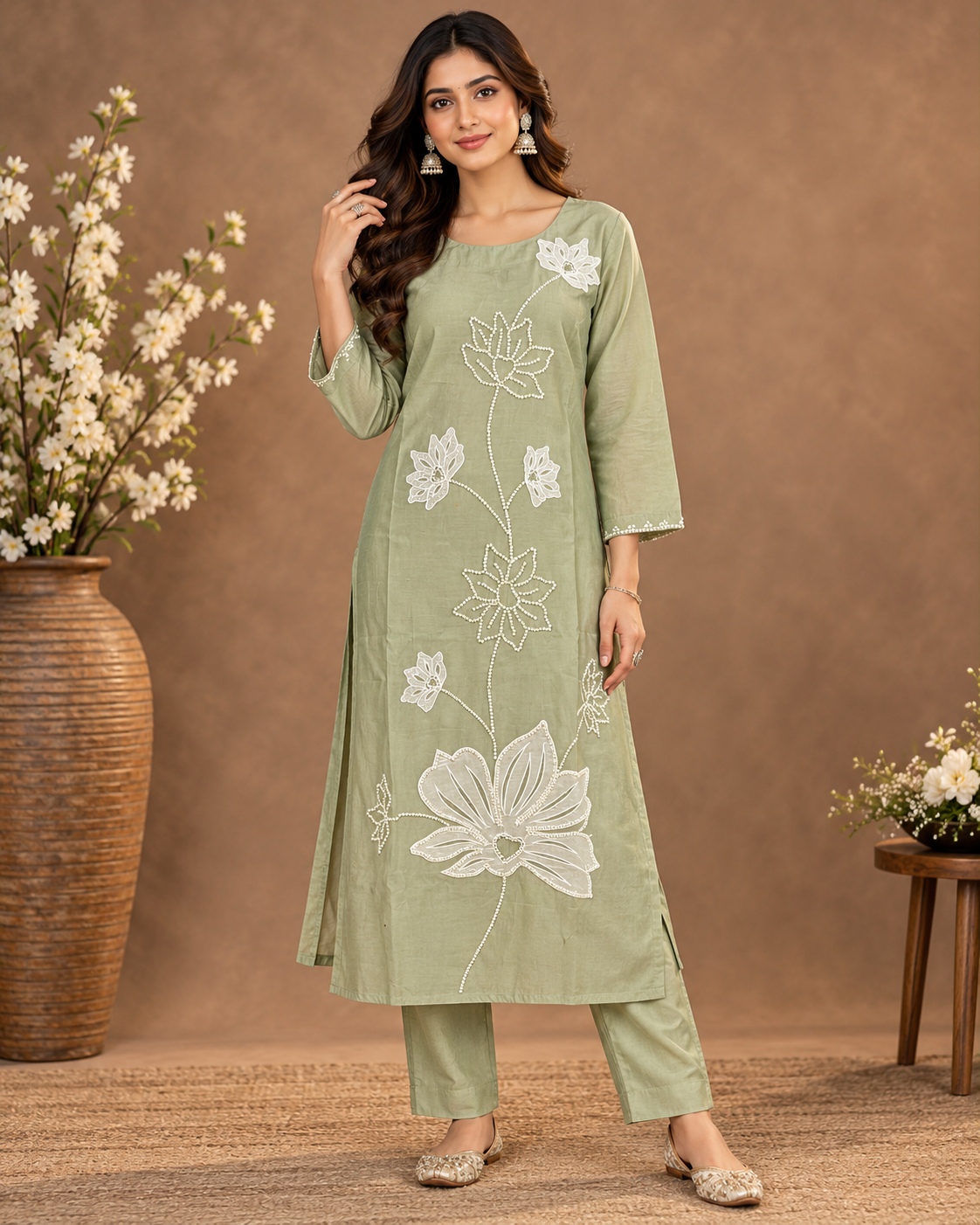 Elegant Floral Embroidered Kurta Pant Set