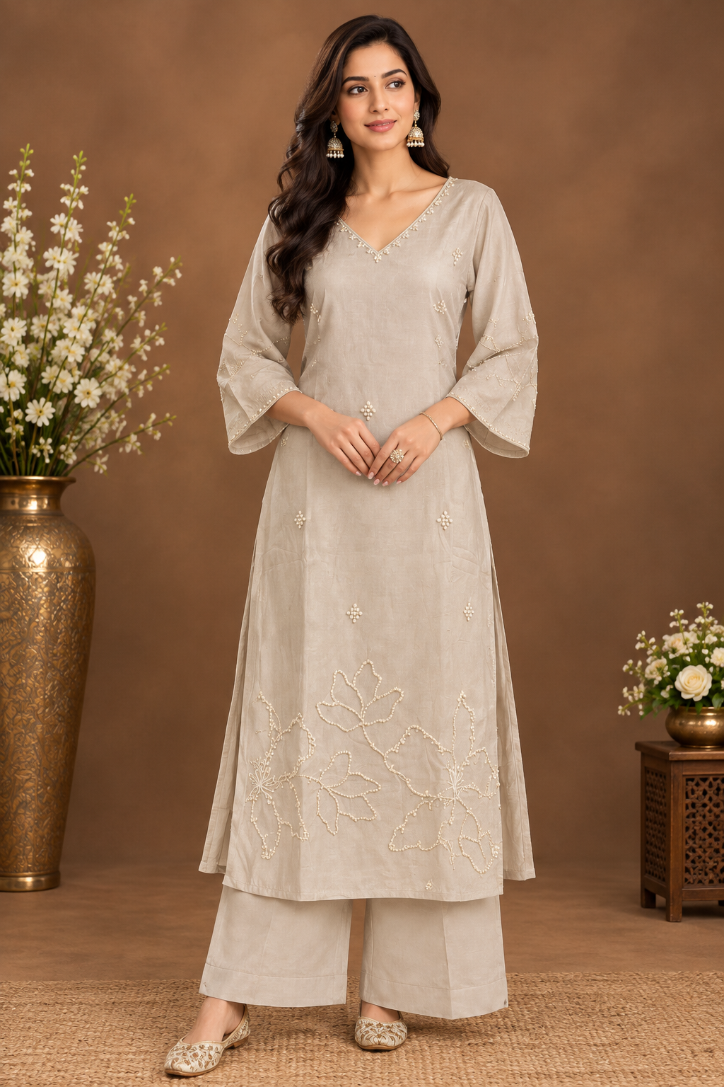 Elegant Ivory Embroidered Kurta Palazzo Set