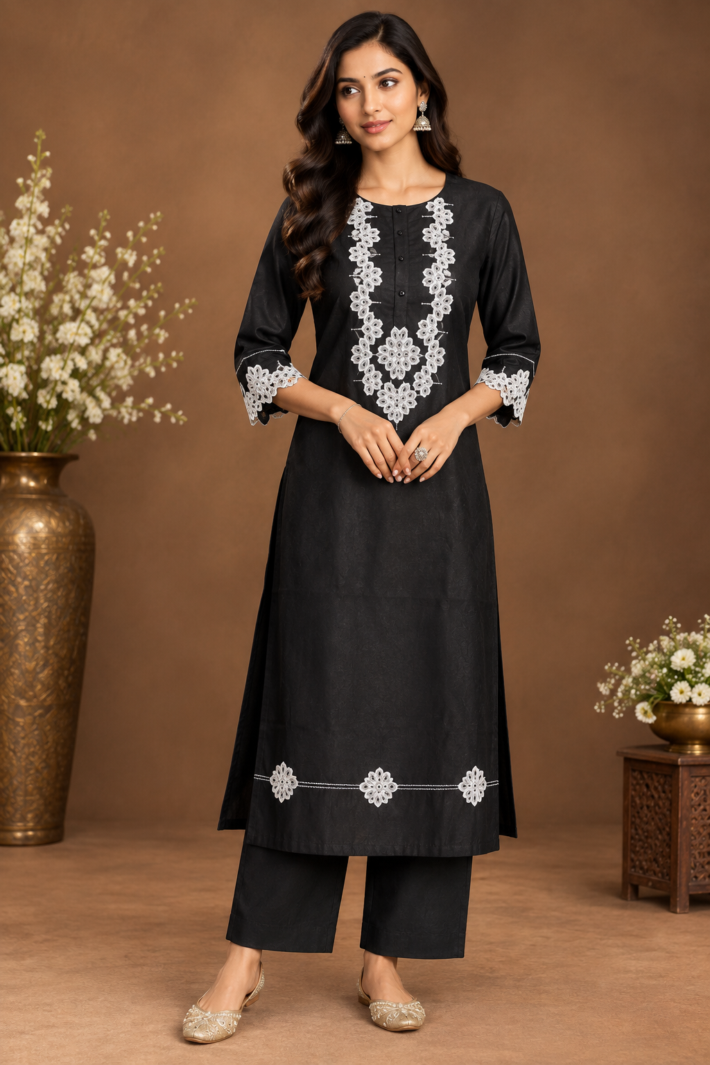Black Embroidered Straight Kurta with Pant Set