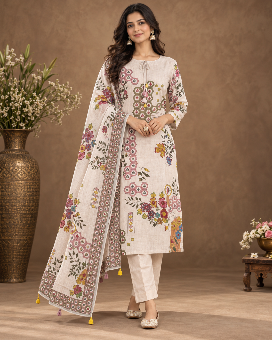 Elegant Floral Printed Kurta Pant Set with Dupatta