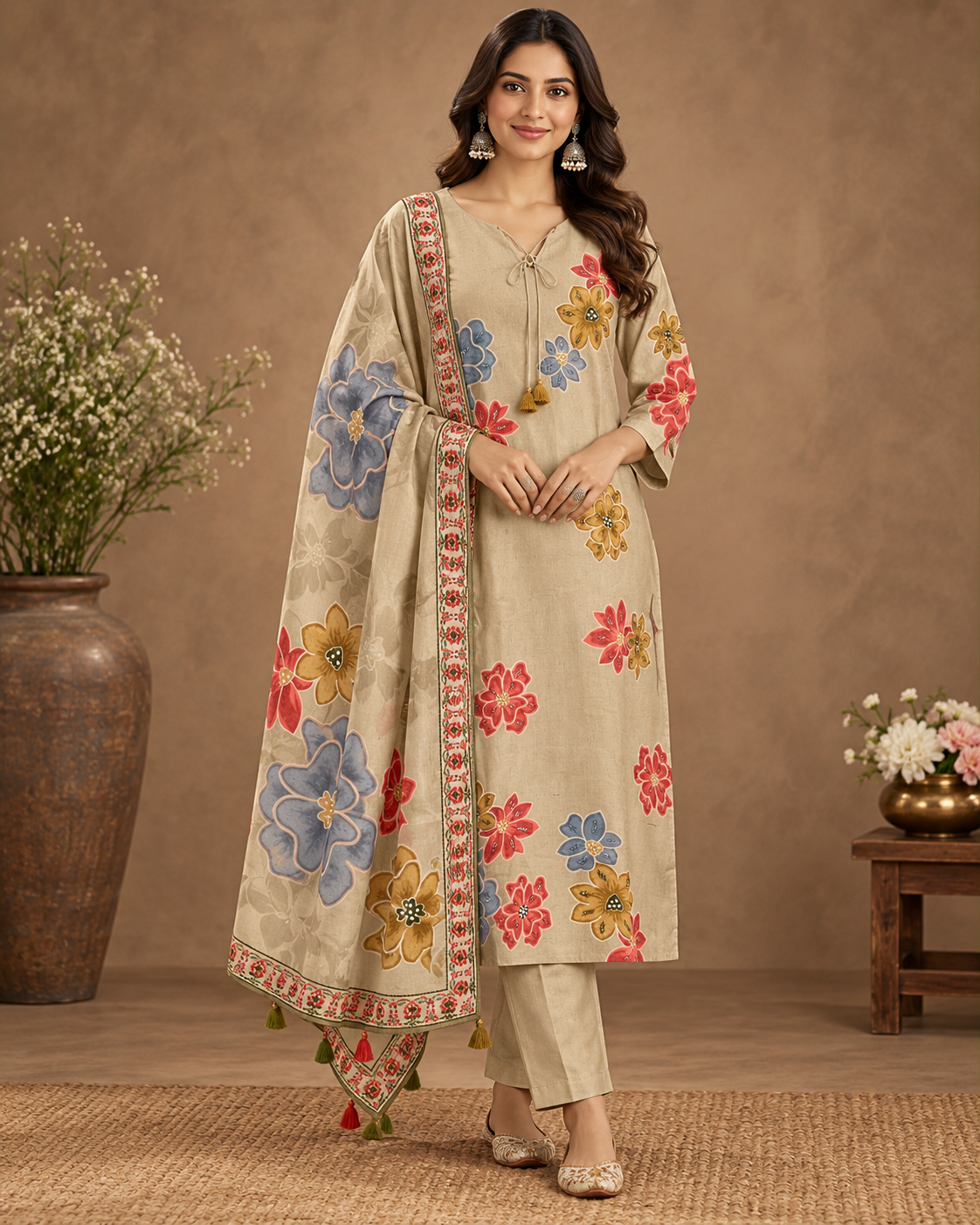 Elegant Floral Printed Kurta Pant Set with Dupatta