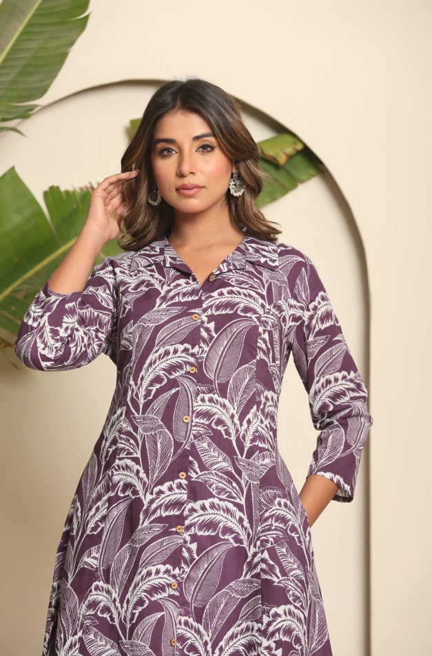 PURPLE FLARED KURTA WITH POCKETS AND MATCHING PRINTED PANT