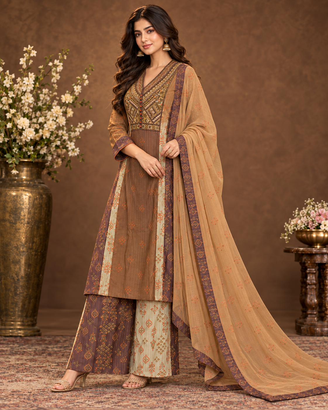 Elegant Brown Printed Palazzo Suit Set