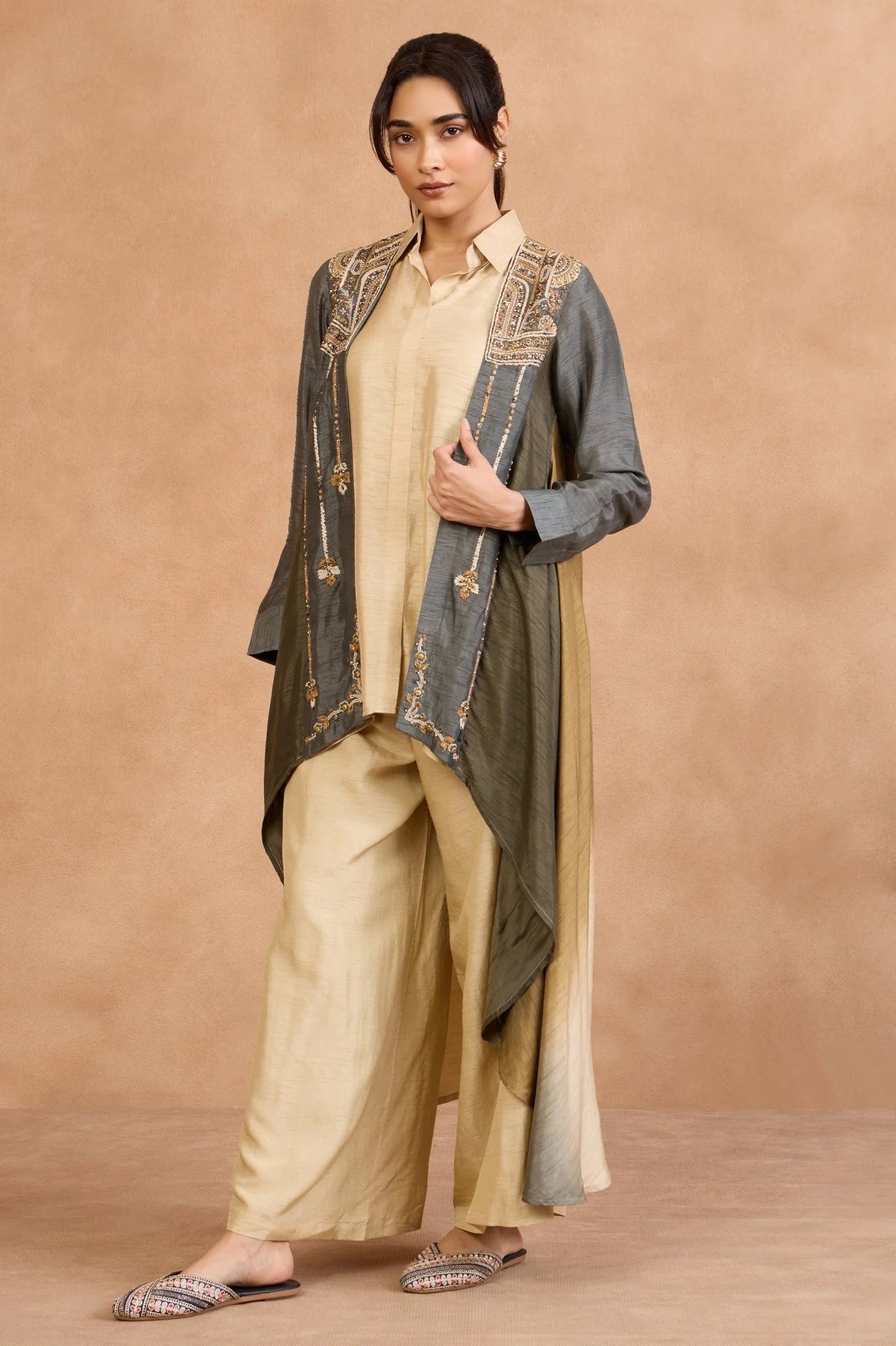 Beige Co-Ord Set with Embroidered Overlay Jacket