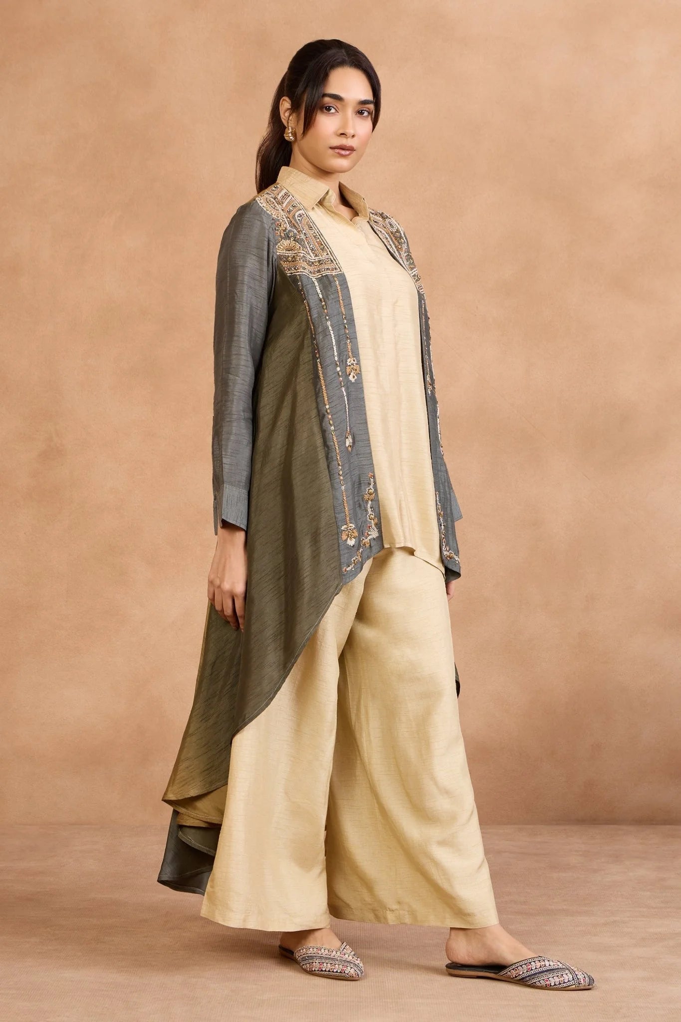 Beige Co-Ord Set with Embroidered Overlay Jacket