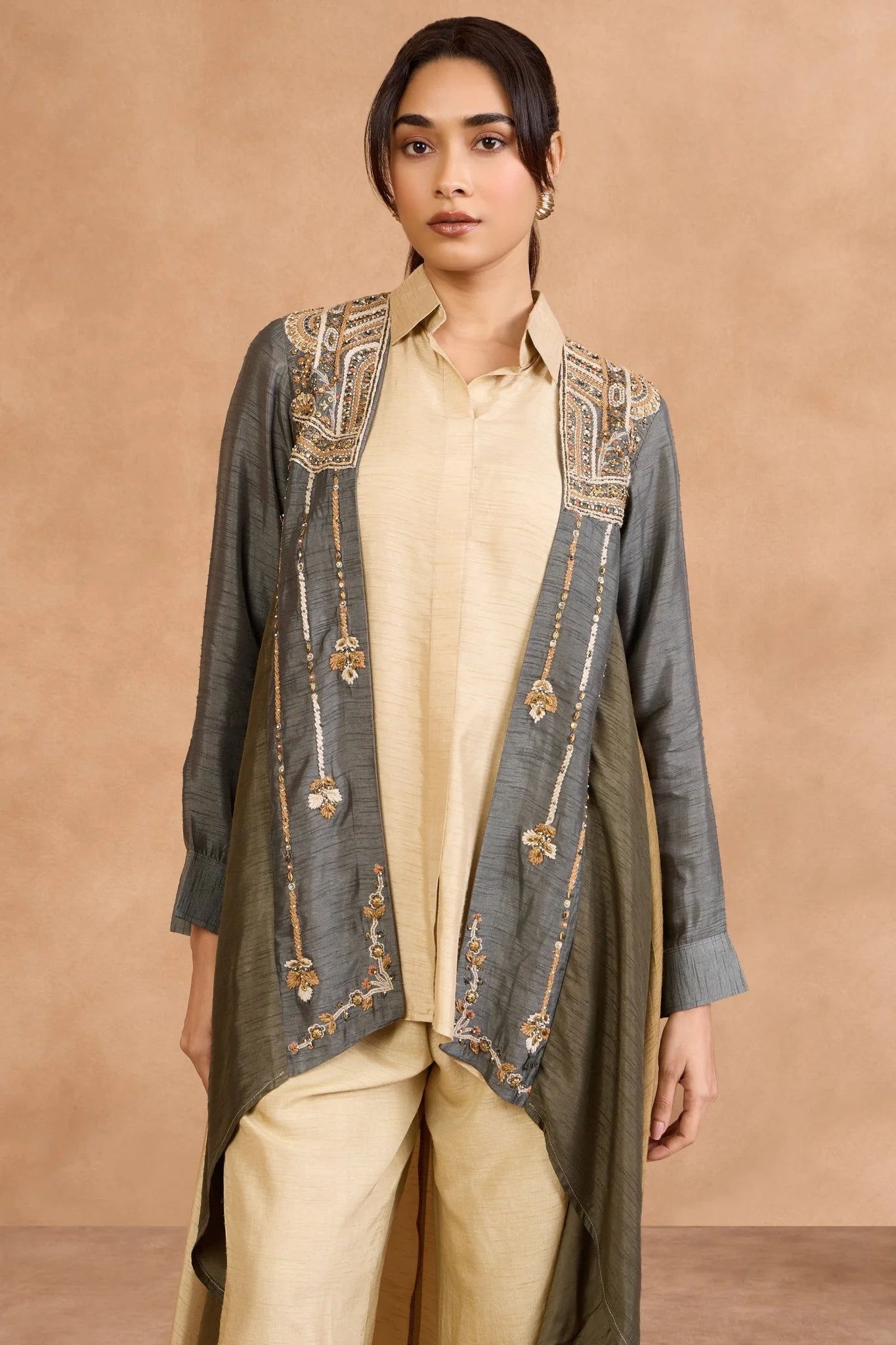 Beige Co-Ord Set with Embroidered Overlay Jacket