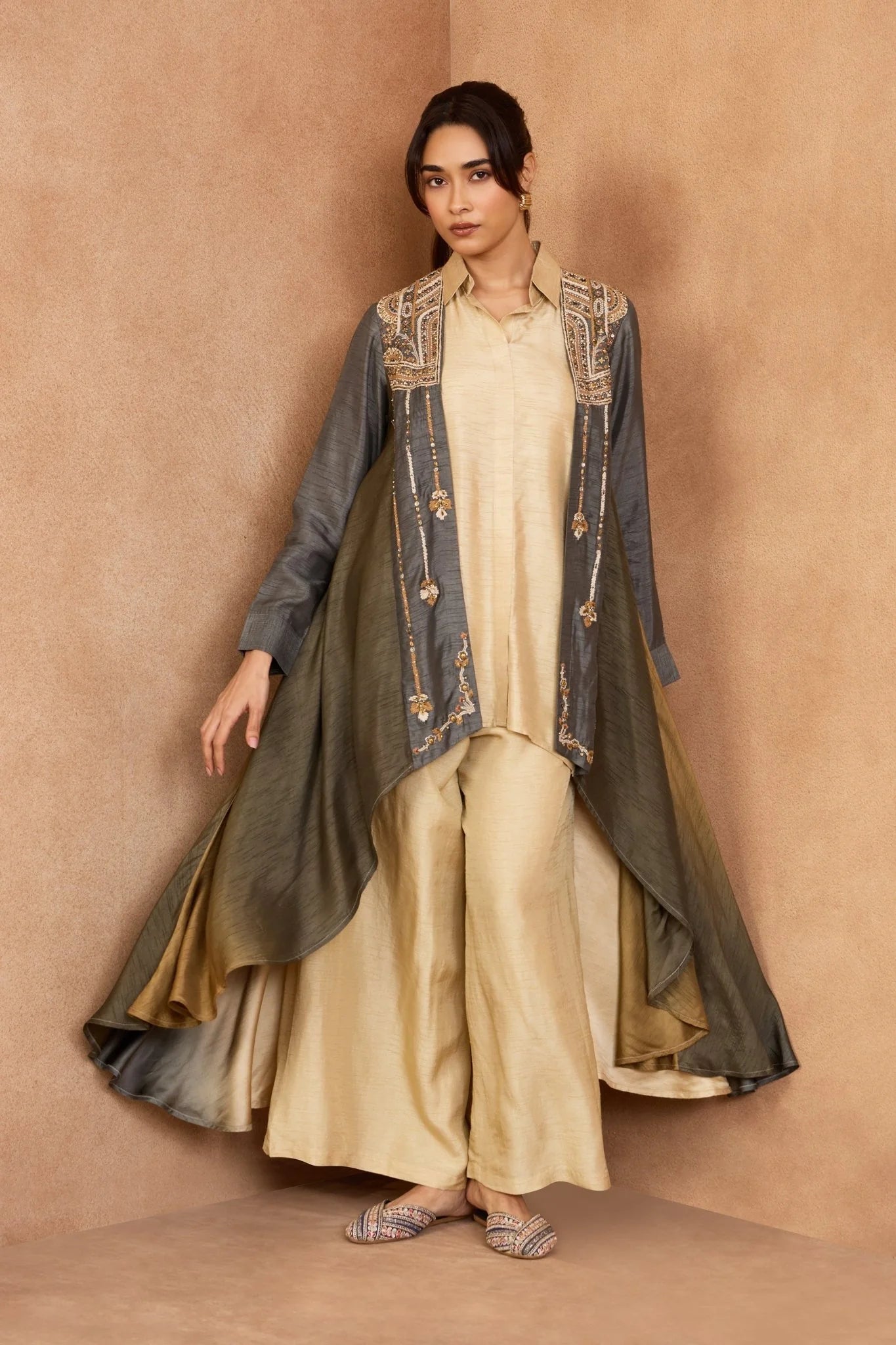 Beige Co-Ord Set with Embroidered Overlay Jacket