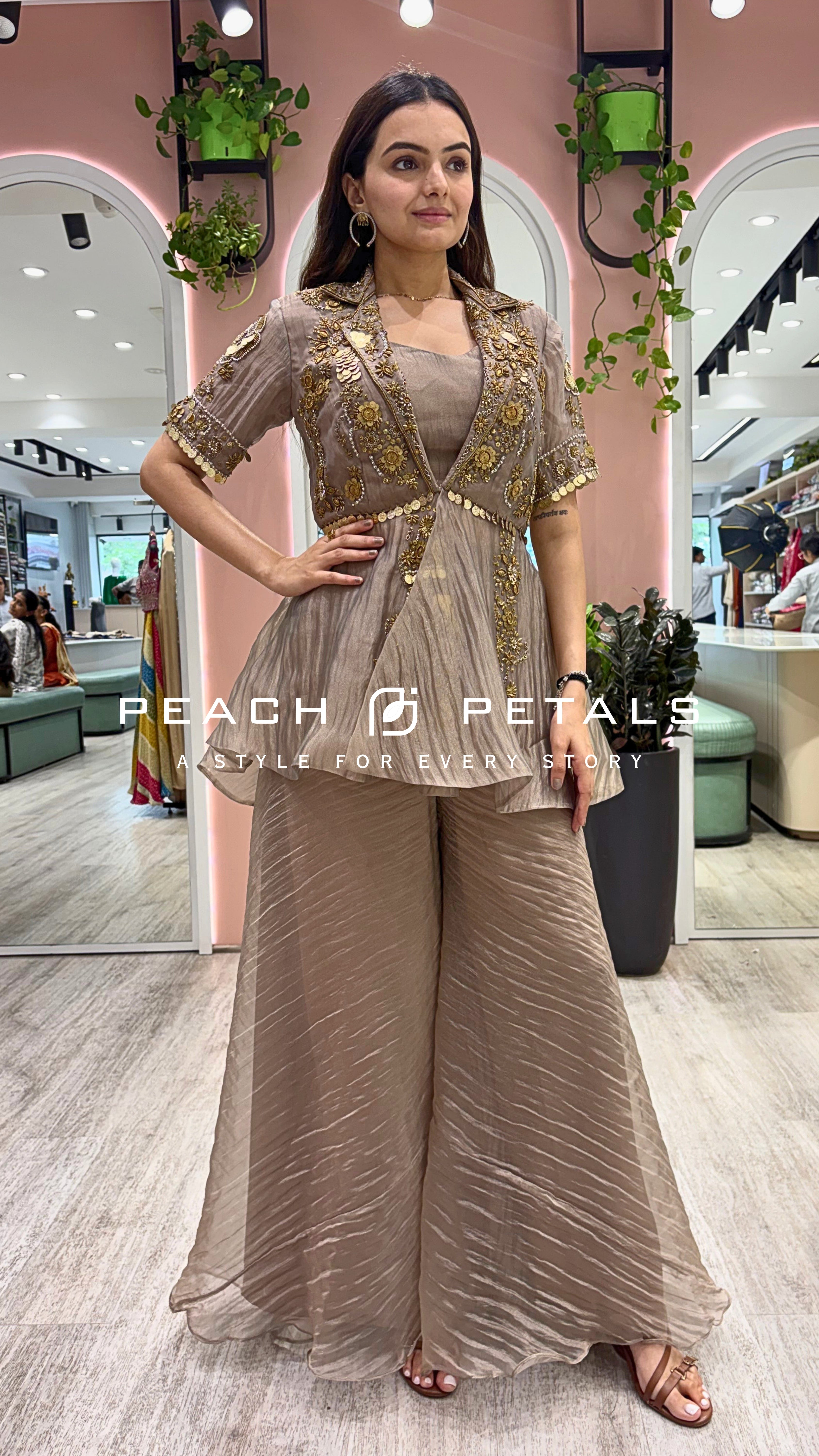 Elegant Taupe Embroidered Peplum Palazzo Set
