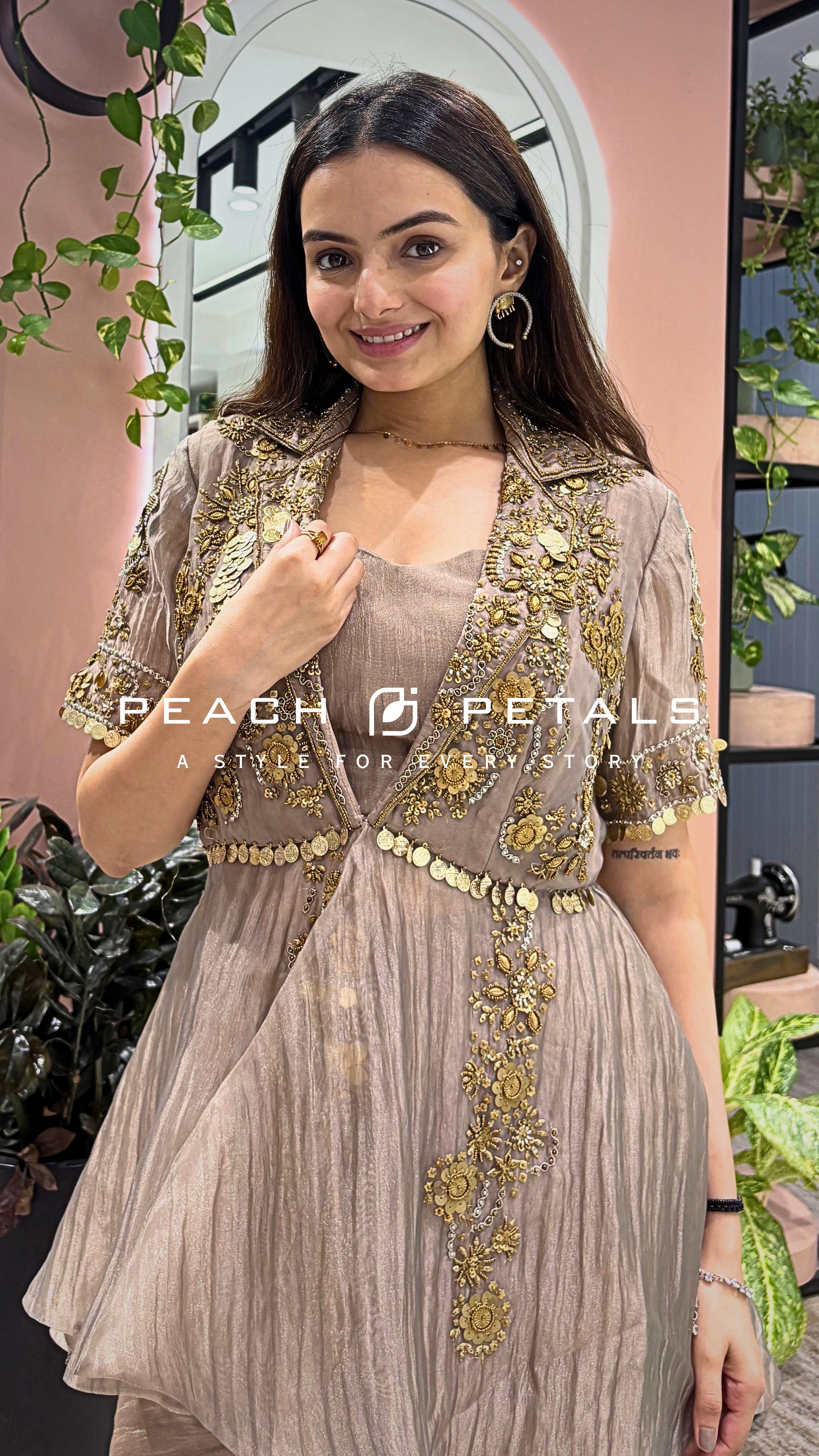 Elegant Taupe Embroidered Peplum Palazzo Set