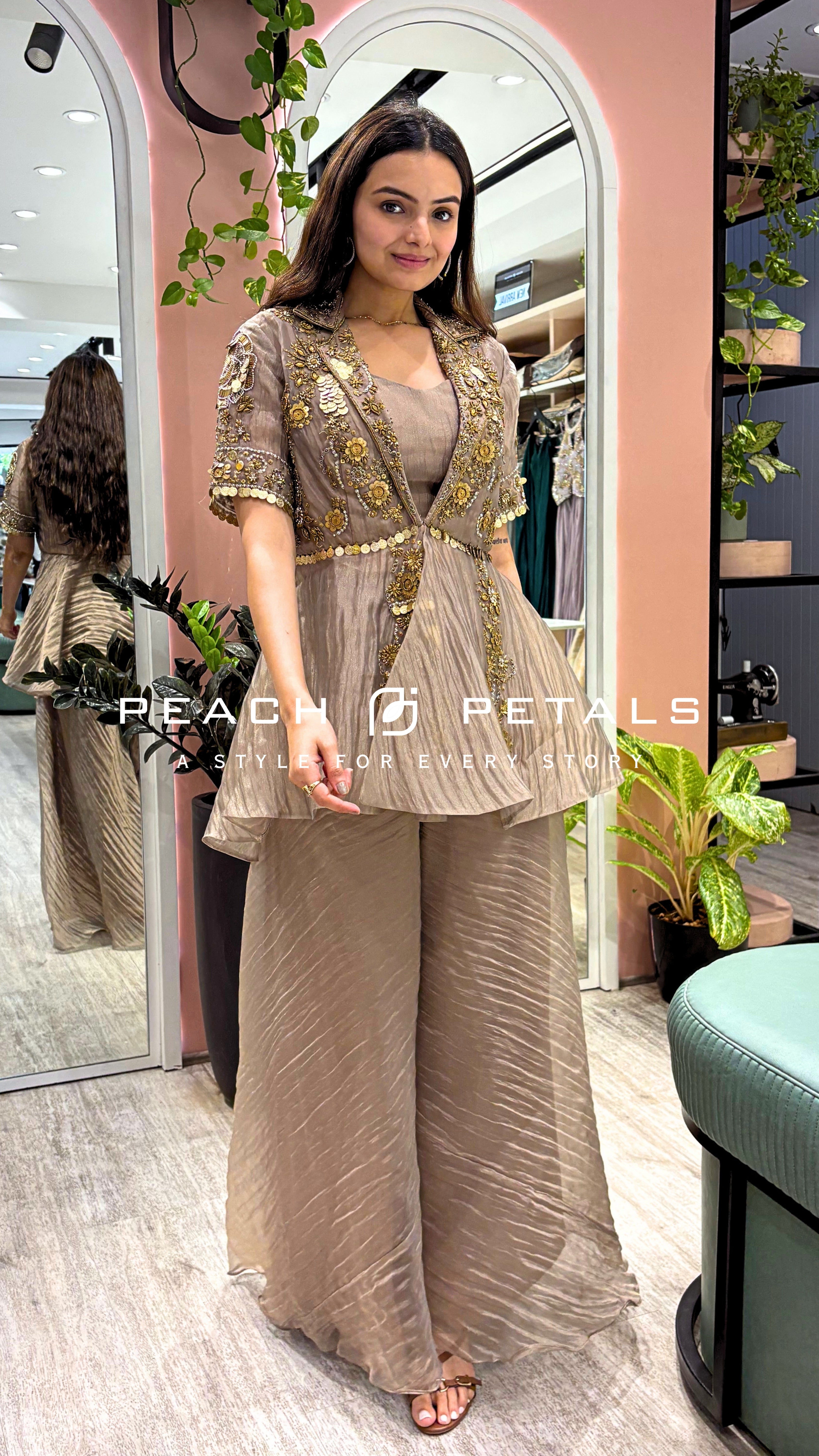 Elegant Taupe Embroidered Peplum Palazzo Set