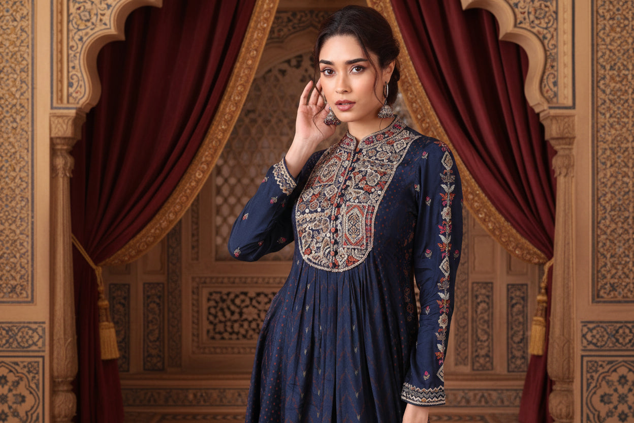 Chanderi Cotton Anarkali Set with Hand Embroidery