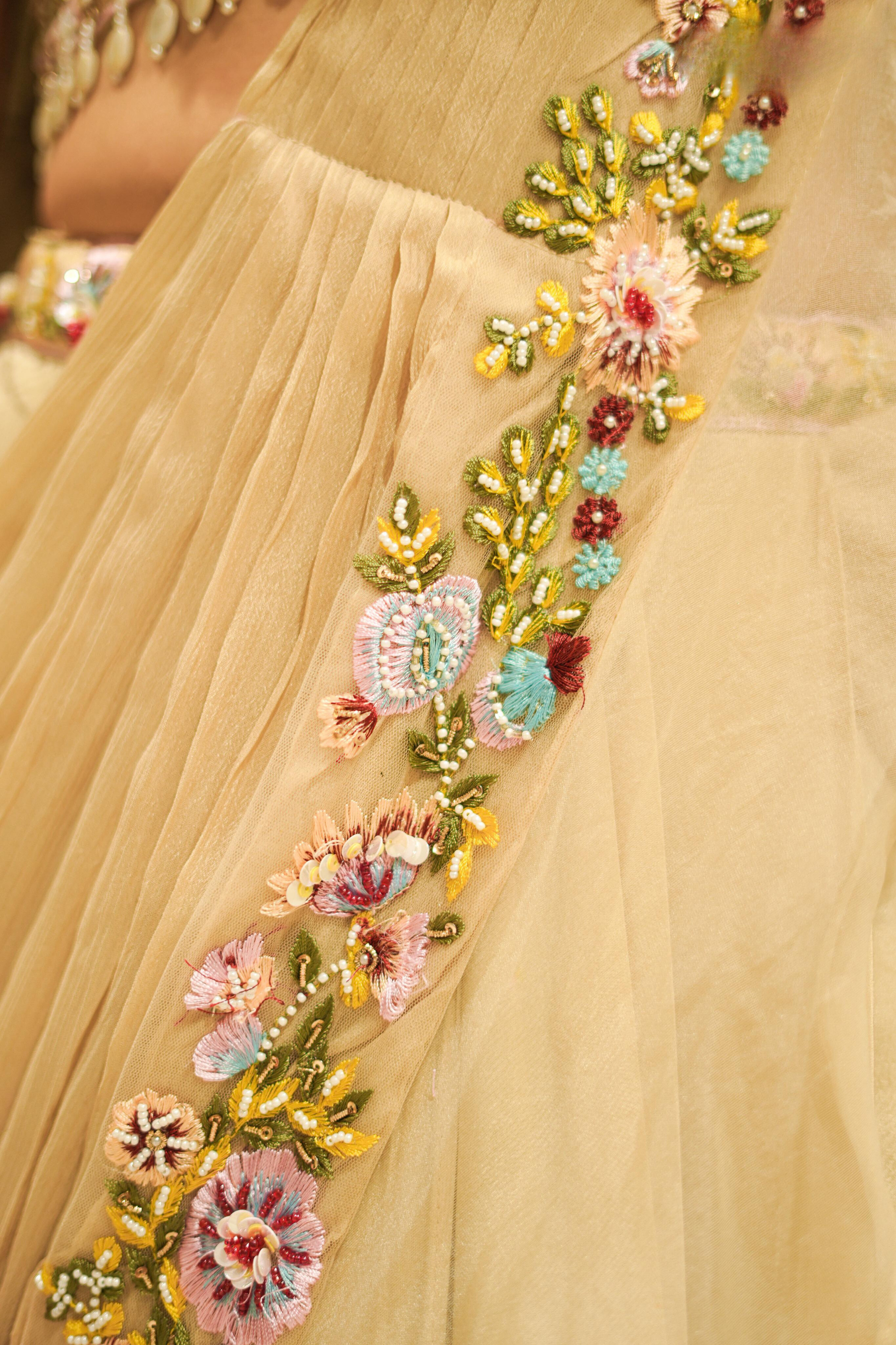 Premium Zardosi Embroidered Cream Lehenga Choli