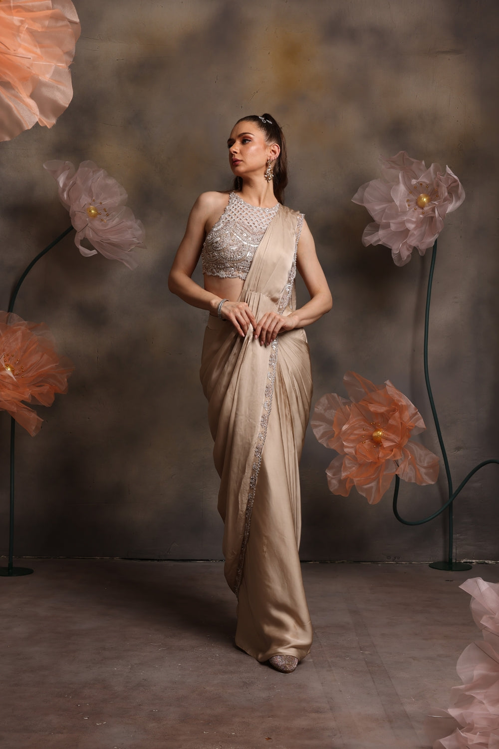 Designer Beige Saree with Embroidered Blouse