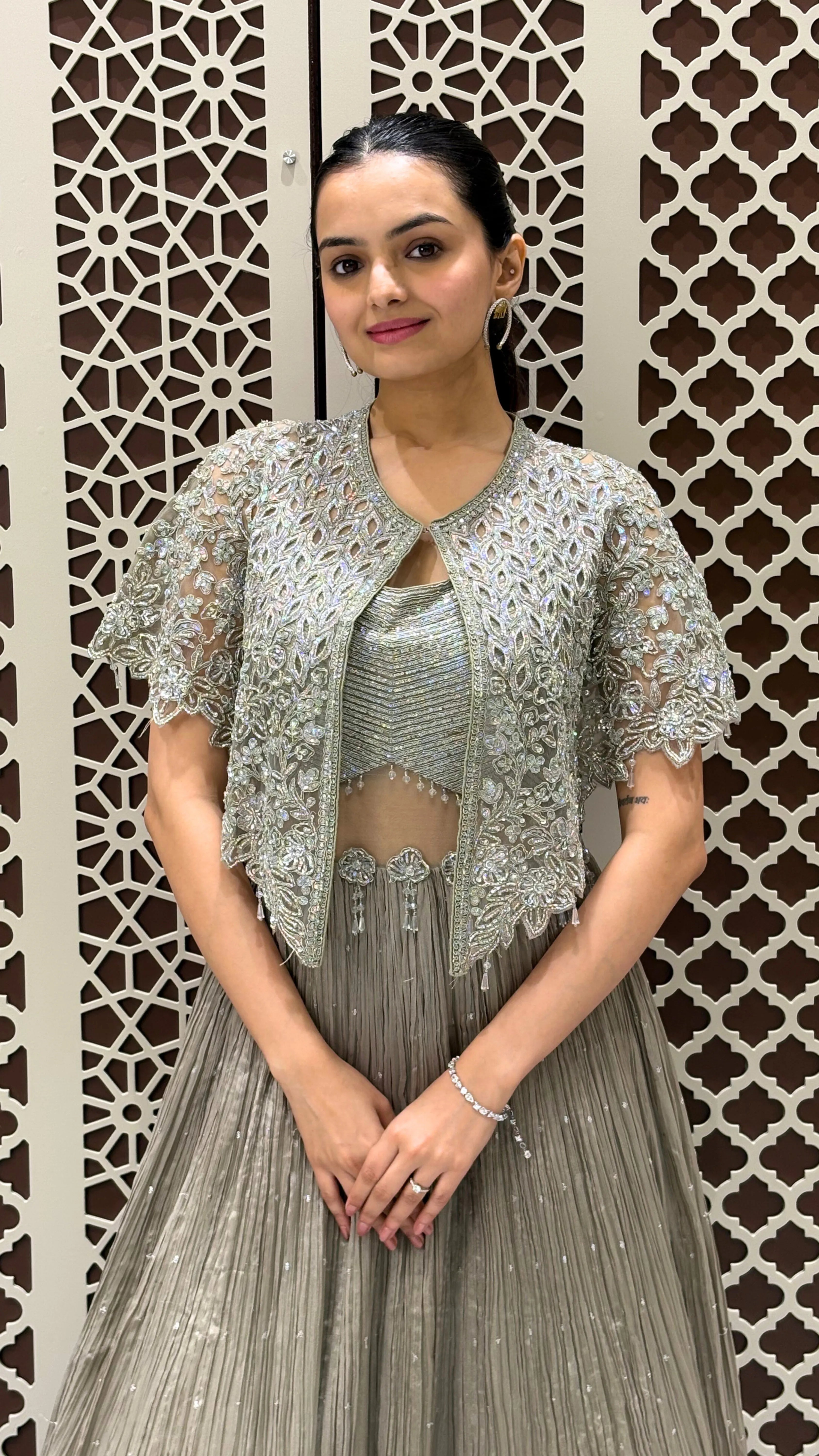 Grey Sequined Bustier Lehega with Cape | Festive Wear