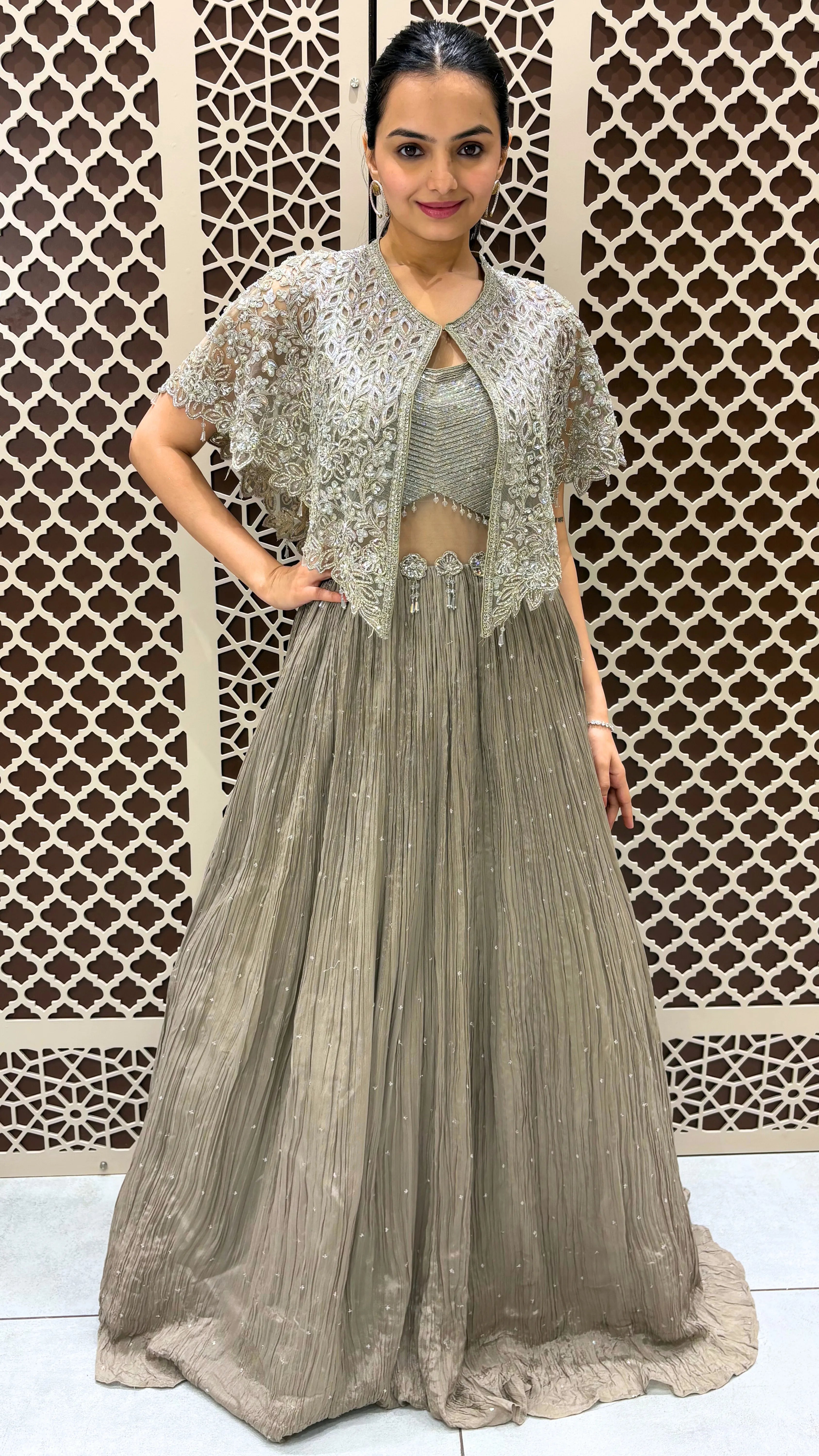 Grey Sequined Bustier Lehega with Cape | Festive Wear