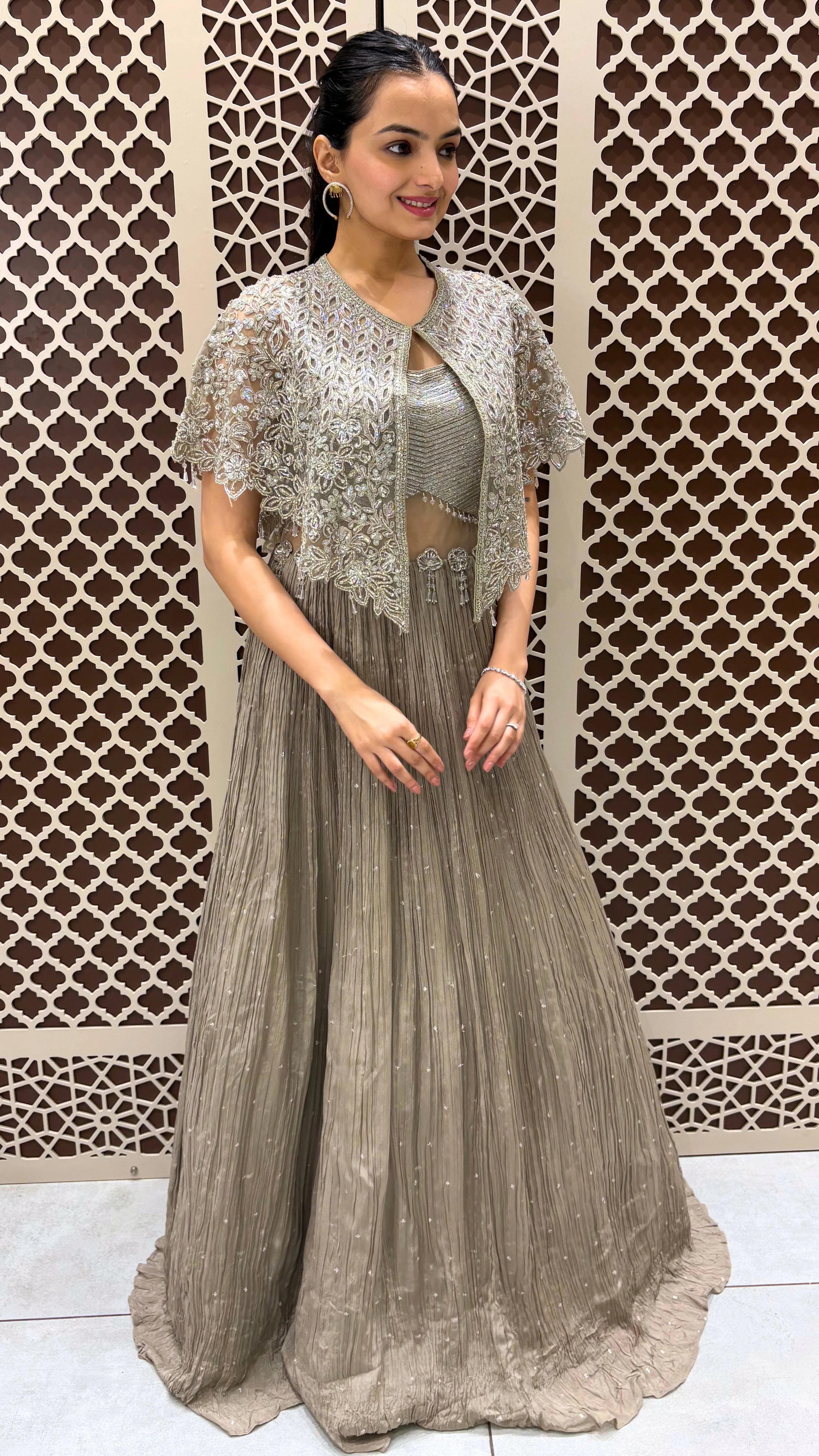 Grey Sequined Bustier Lehega with Cape | Festive Wear