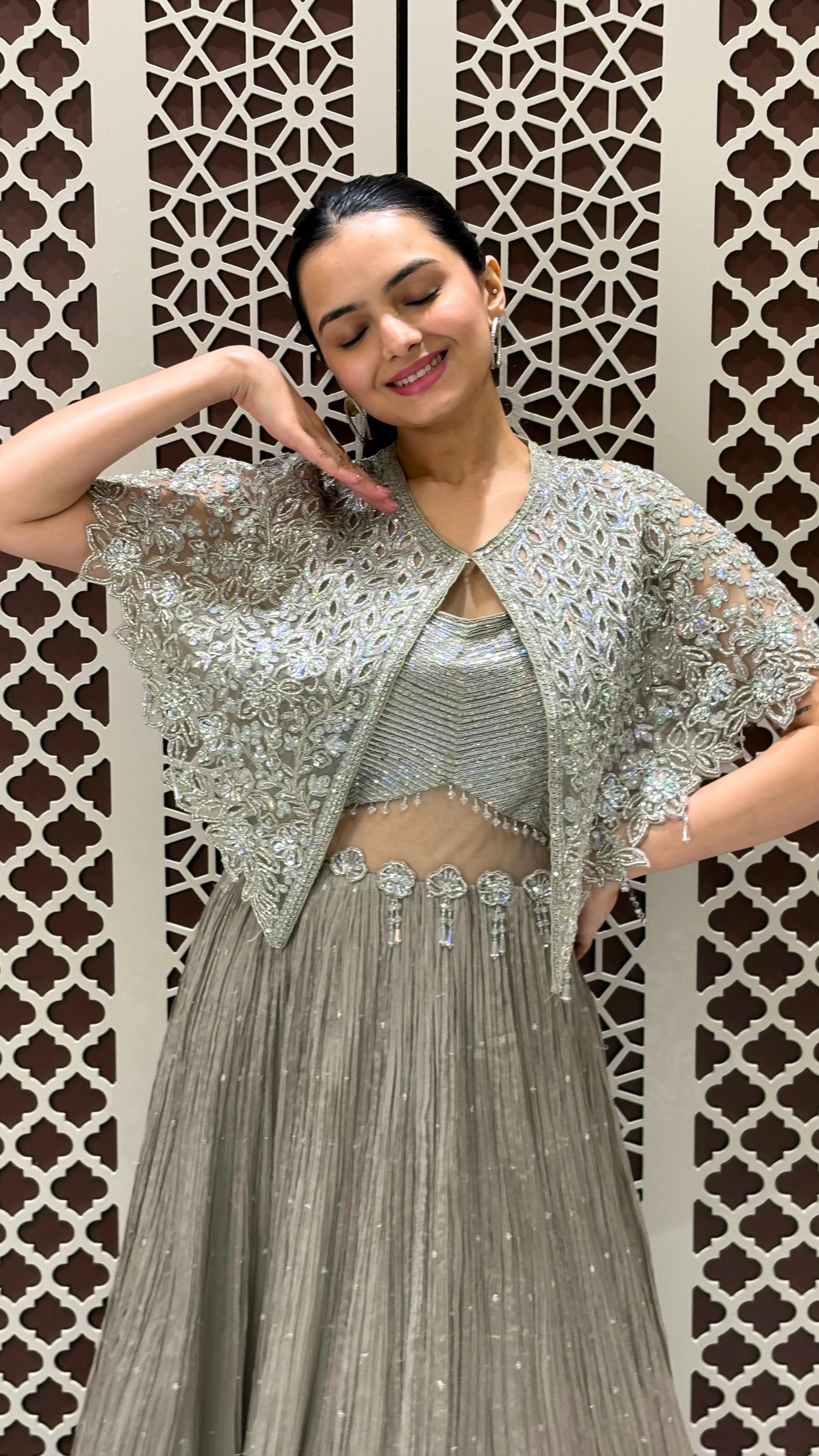 Grey Sequined Bustier Lehega with Cape | Festive Wear