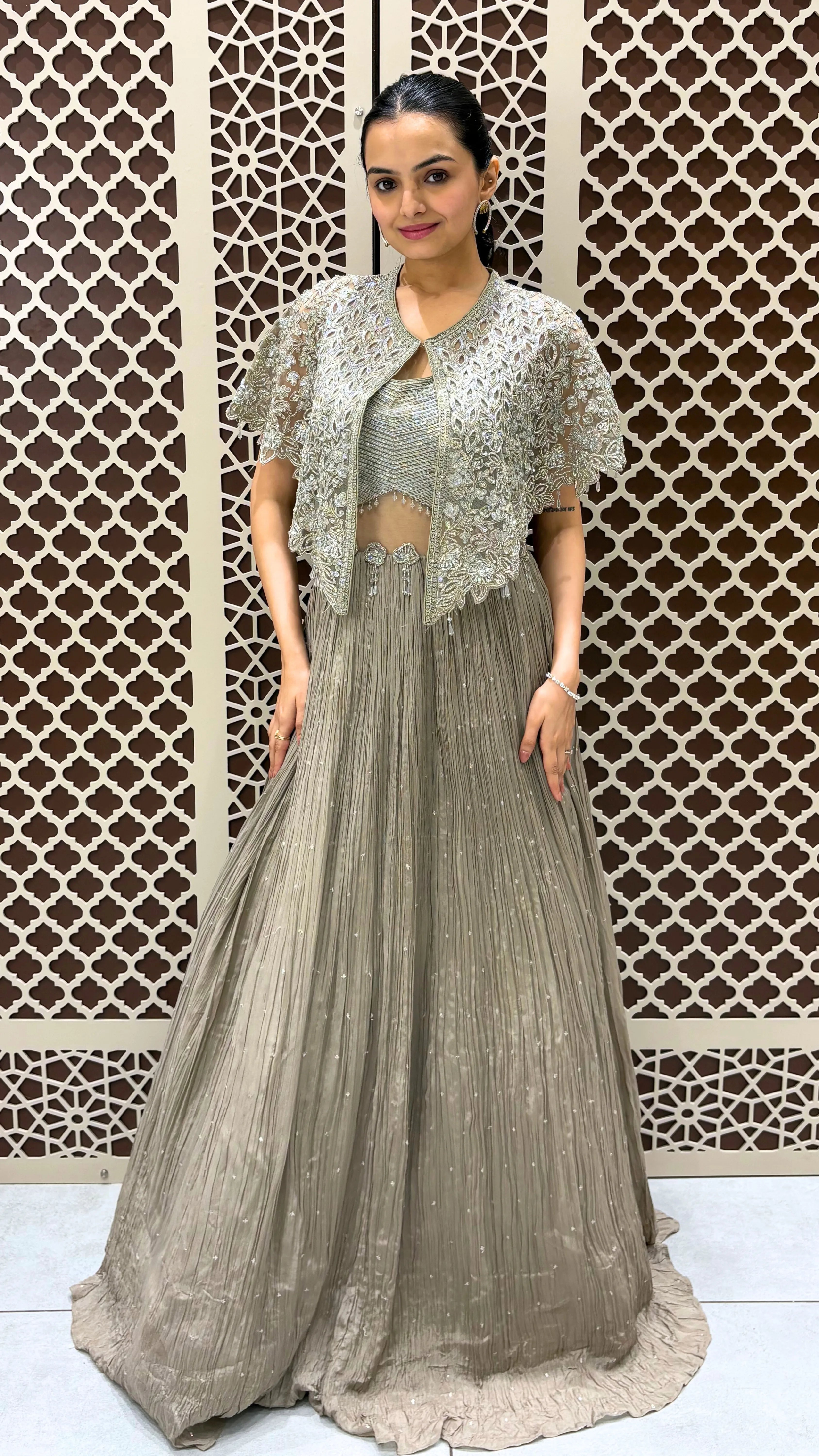 Grey Sequined Bustier Lehega with Cape | Festive Wear