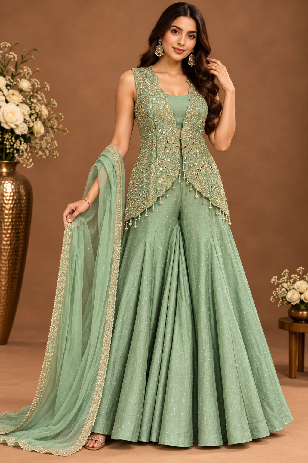 Elegant Sage Green Embellished Palazzo Set