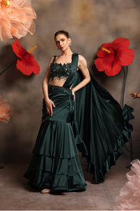 Emerald Green Embroidered Draped Saree Gown – Sangeet & Cocktail Wear