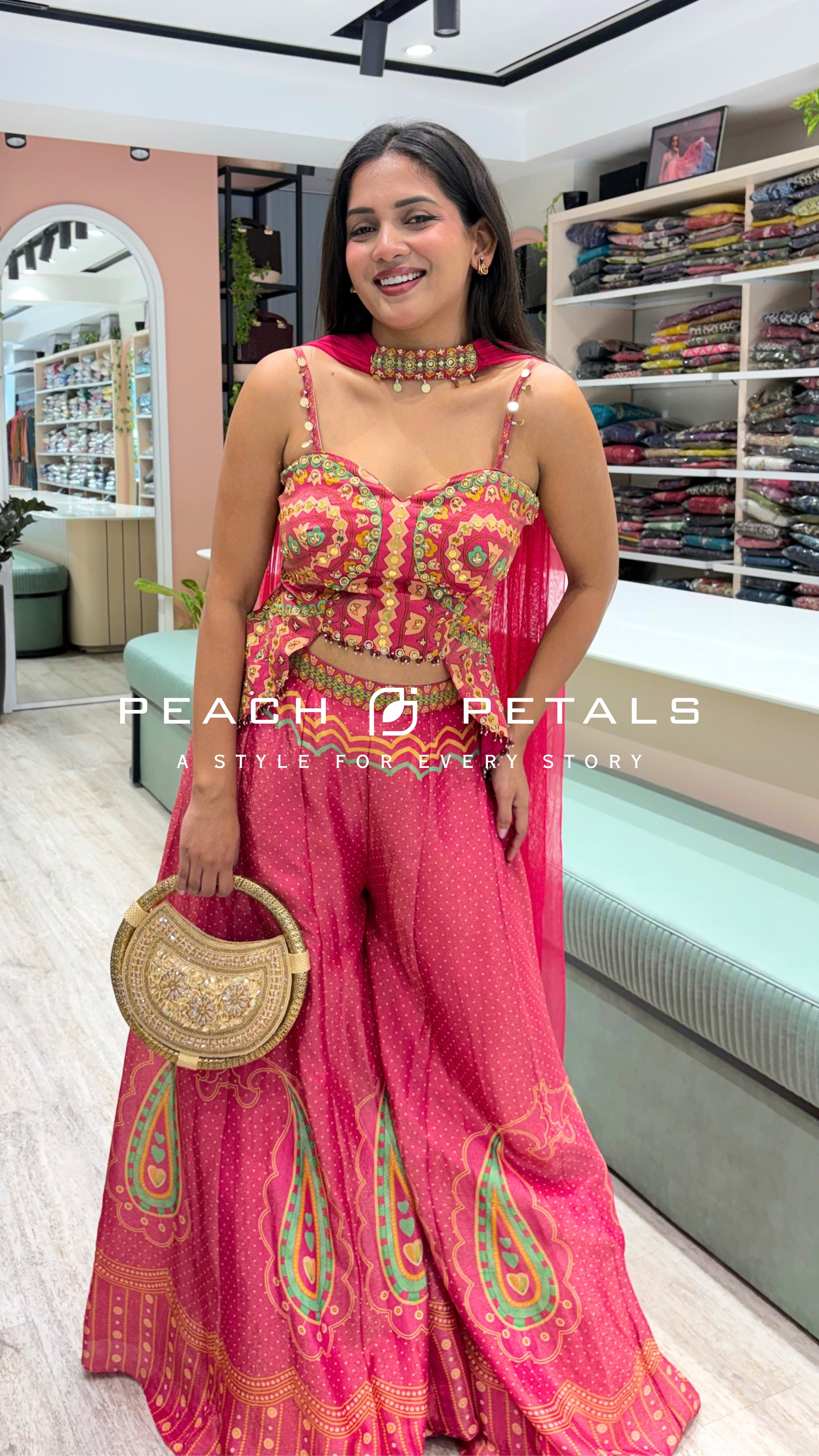 Pink Printed Palazzo Set with Embellished Crop Top