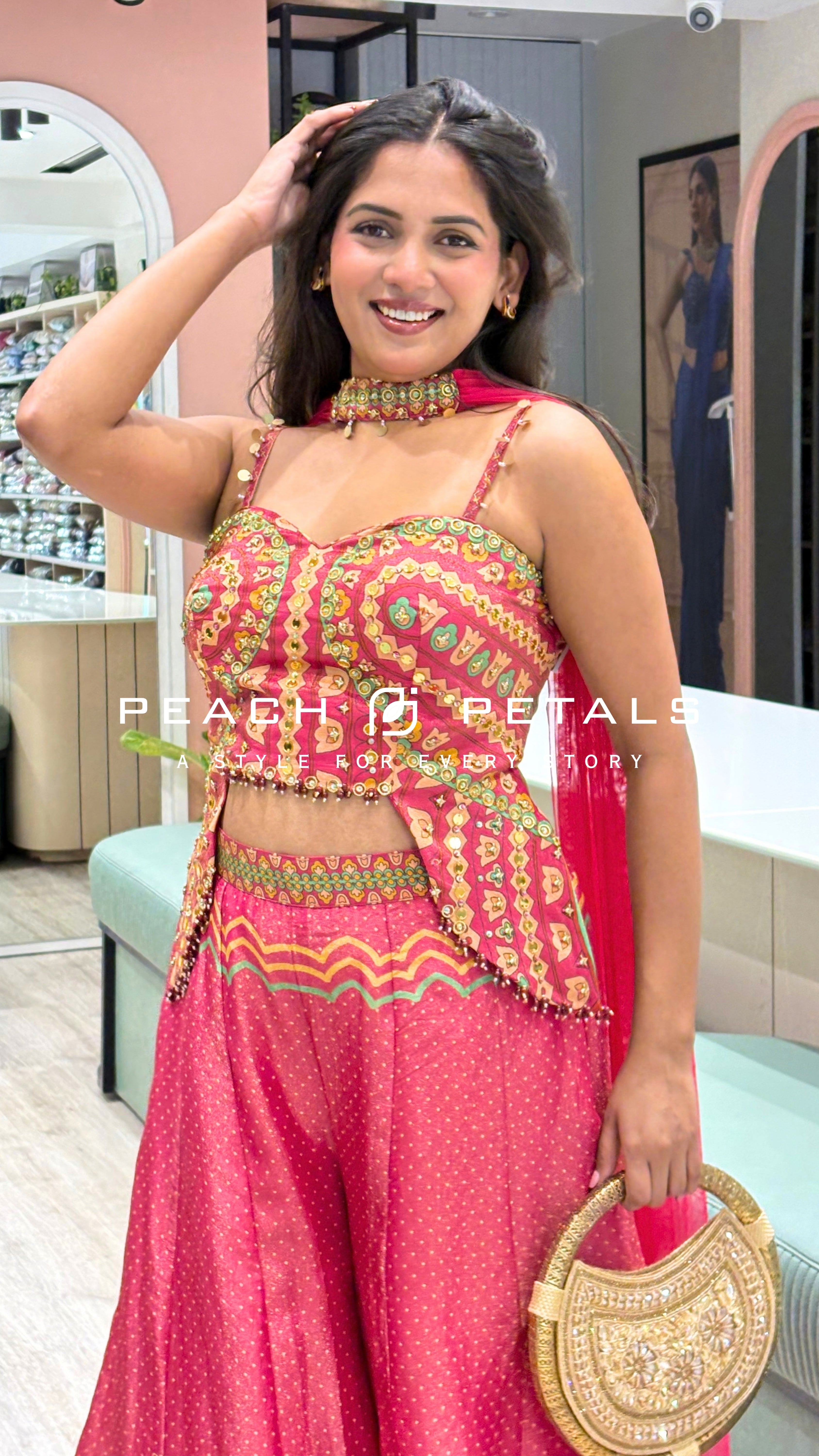 Pink Printed Palazzo Set with Embellished Crop Top