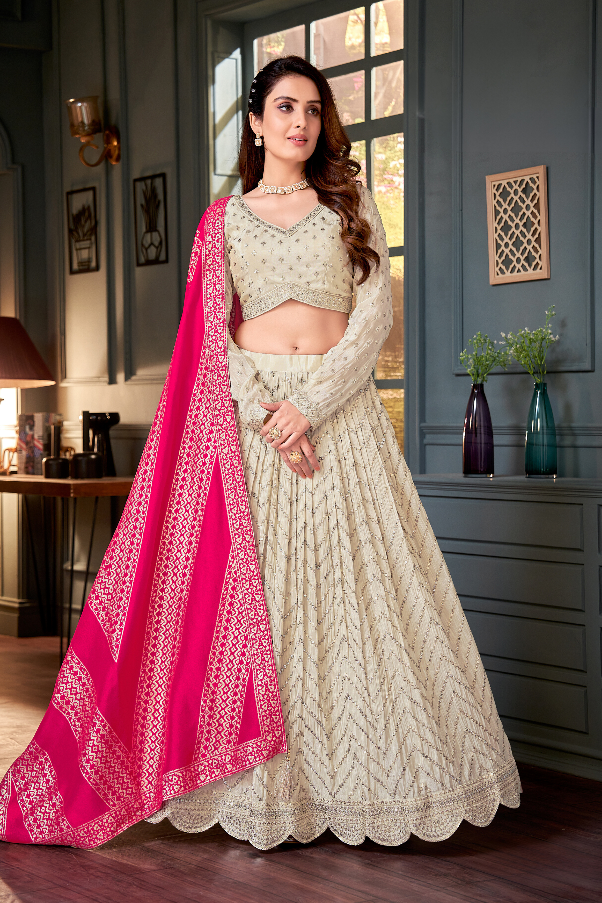 Beige Bridal Lehenga Choli – Elegant Sequins & Lace Work for Festive Glam