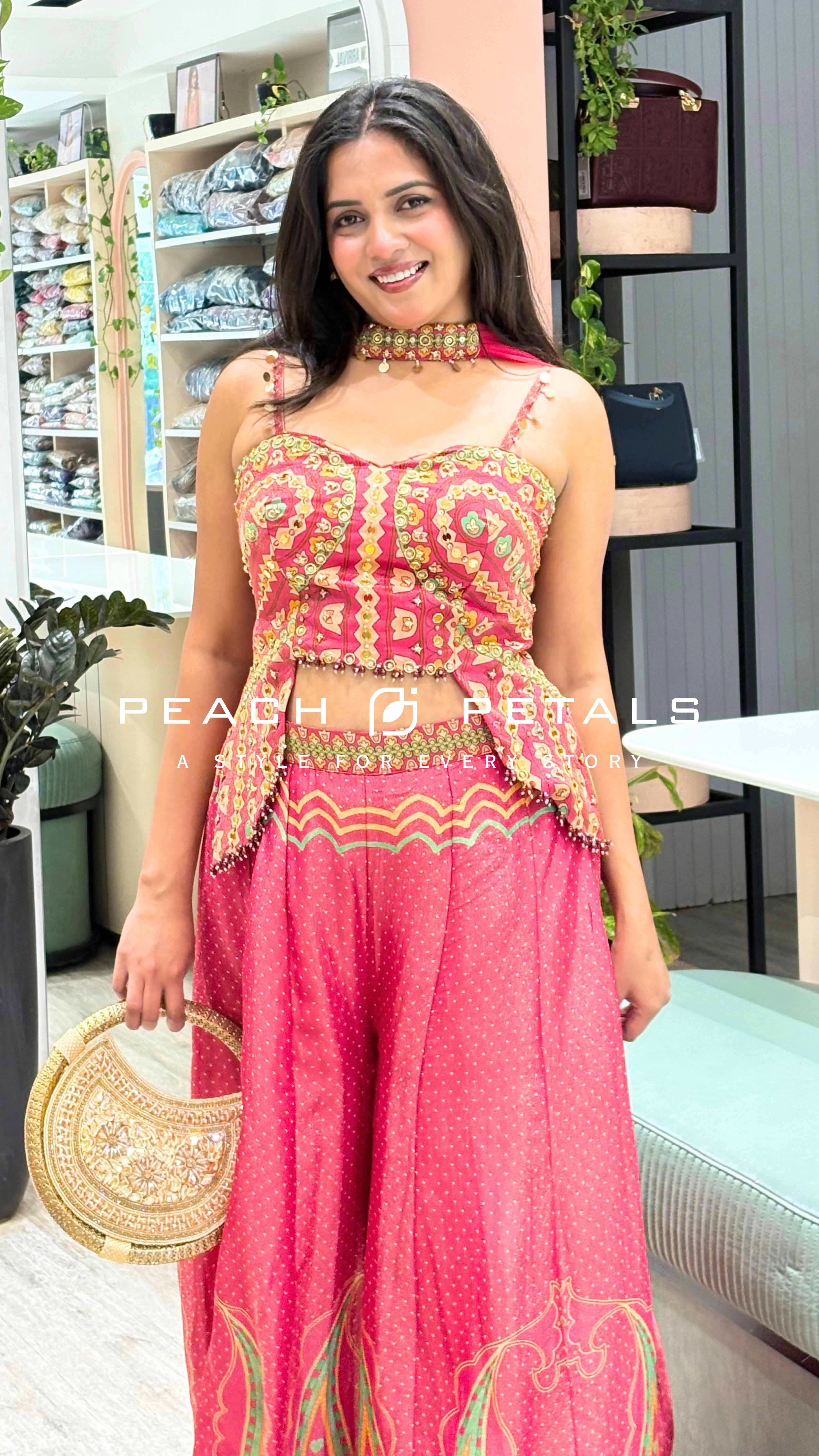 Pink Printed Palazzo Set with Embellished Crop Top