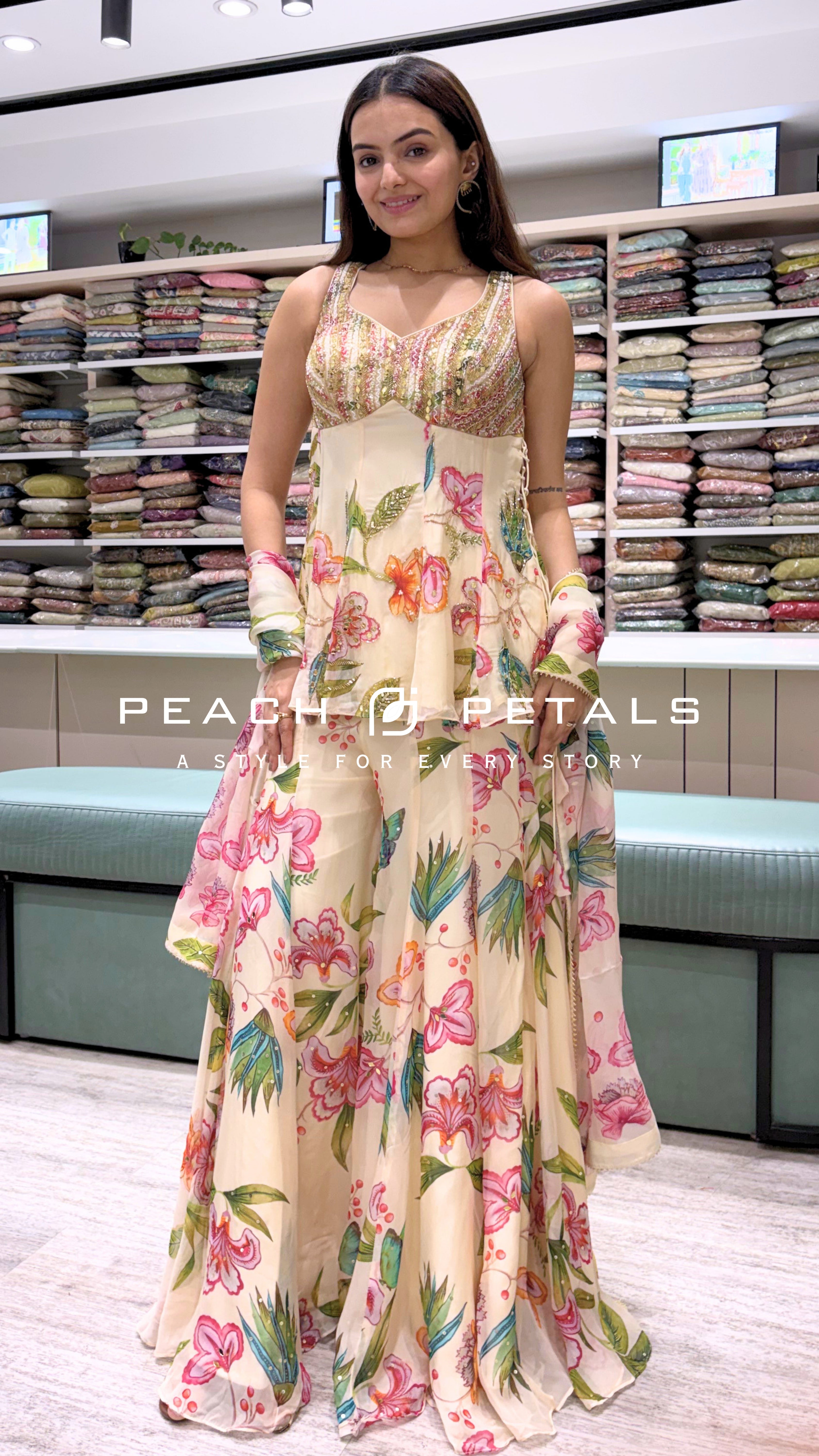 Elegant Floral Printed Peplum Palazzo Set with Dupatta