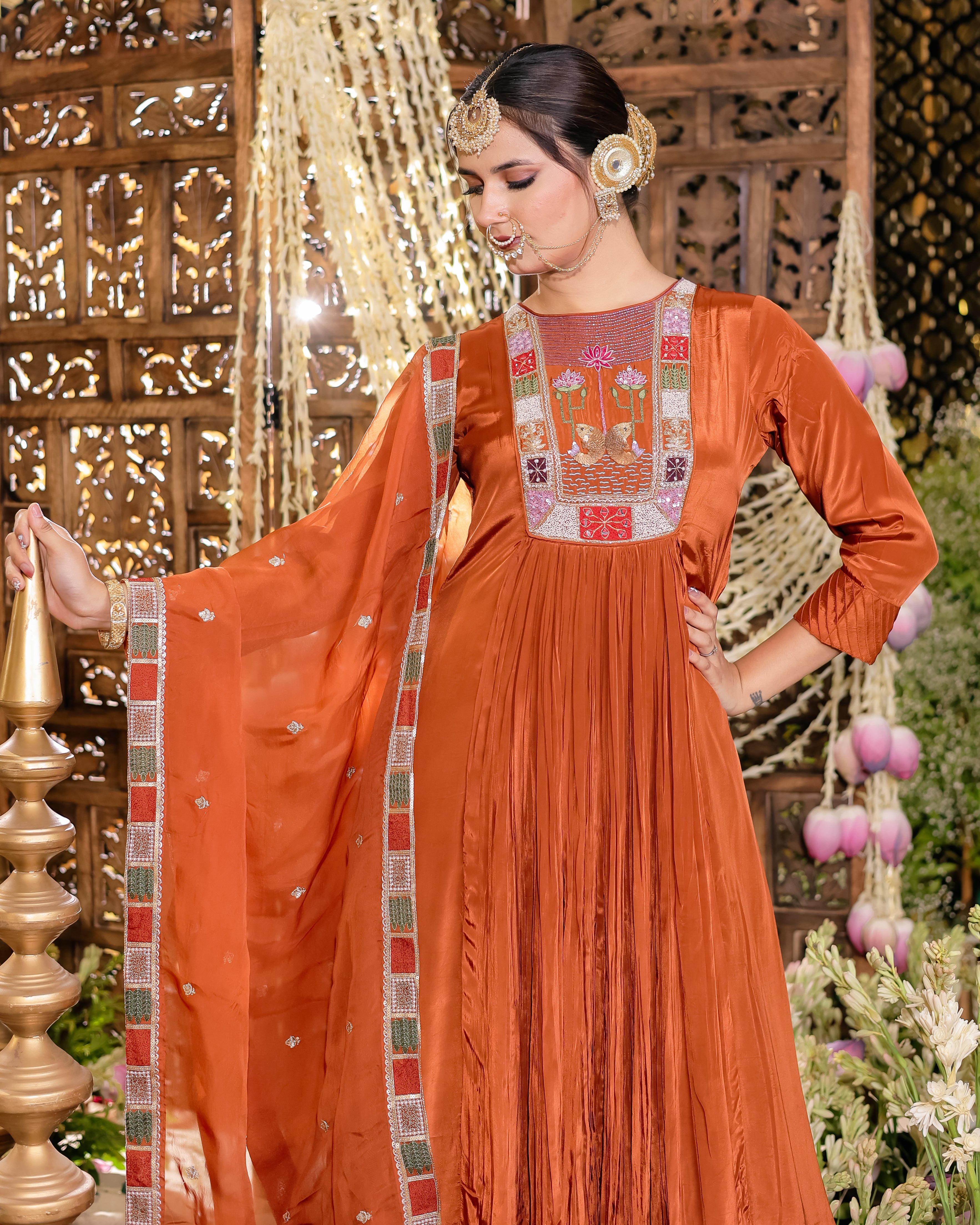 Rust Colour Anarkali Flared Kurta with Palazzo and Dupatta in Viscose Silk