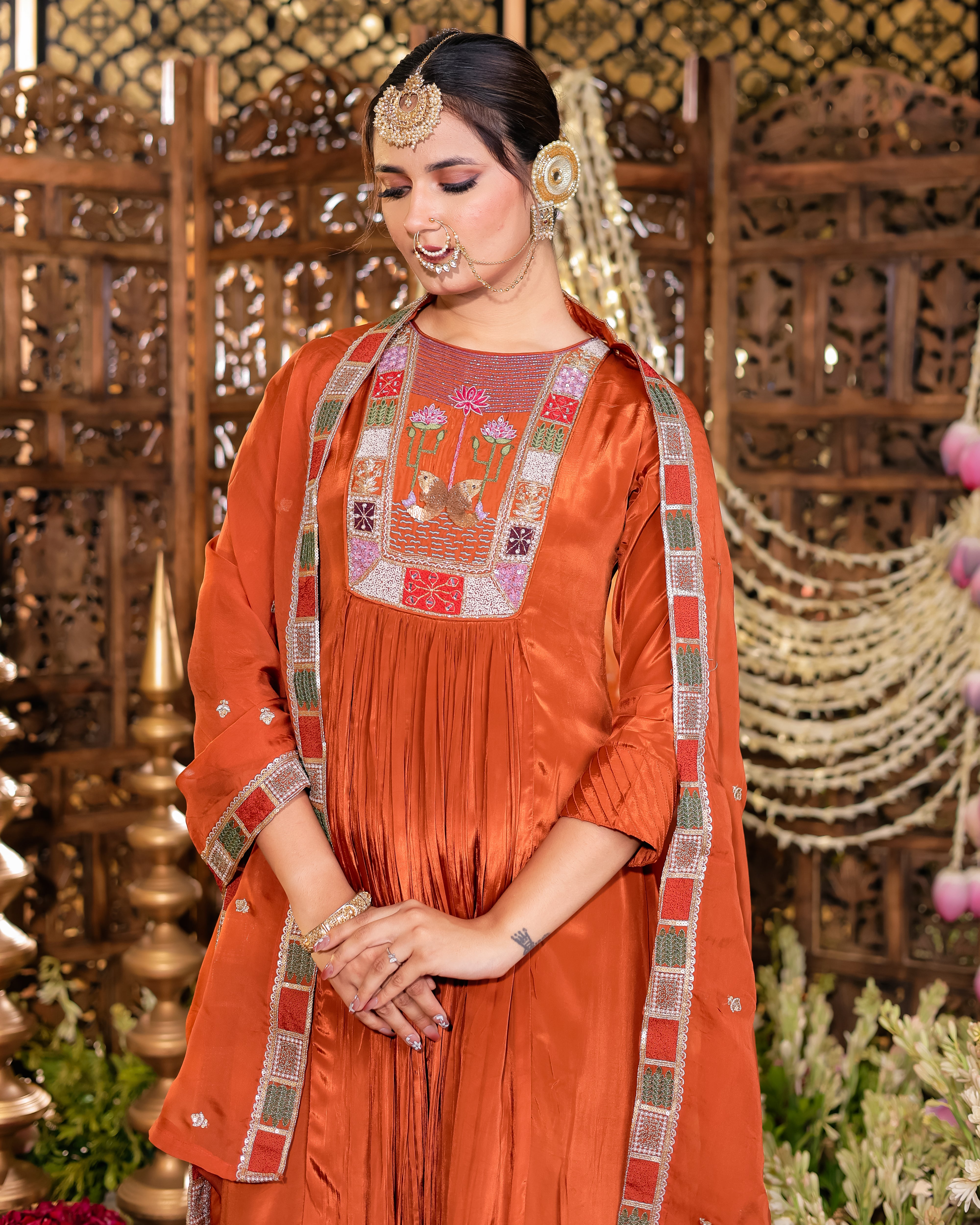 Rust Colour Anarkali Flared Kurta with Palazzo and Dupatta in Viscose Silk
