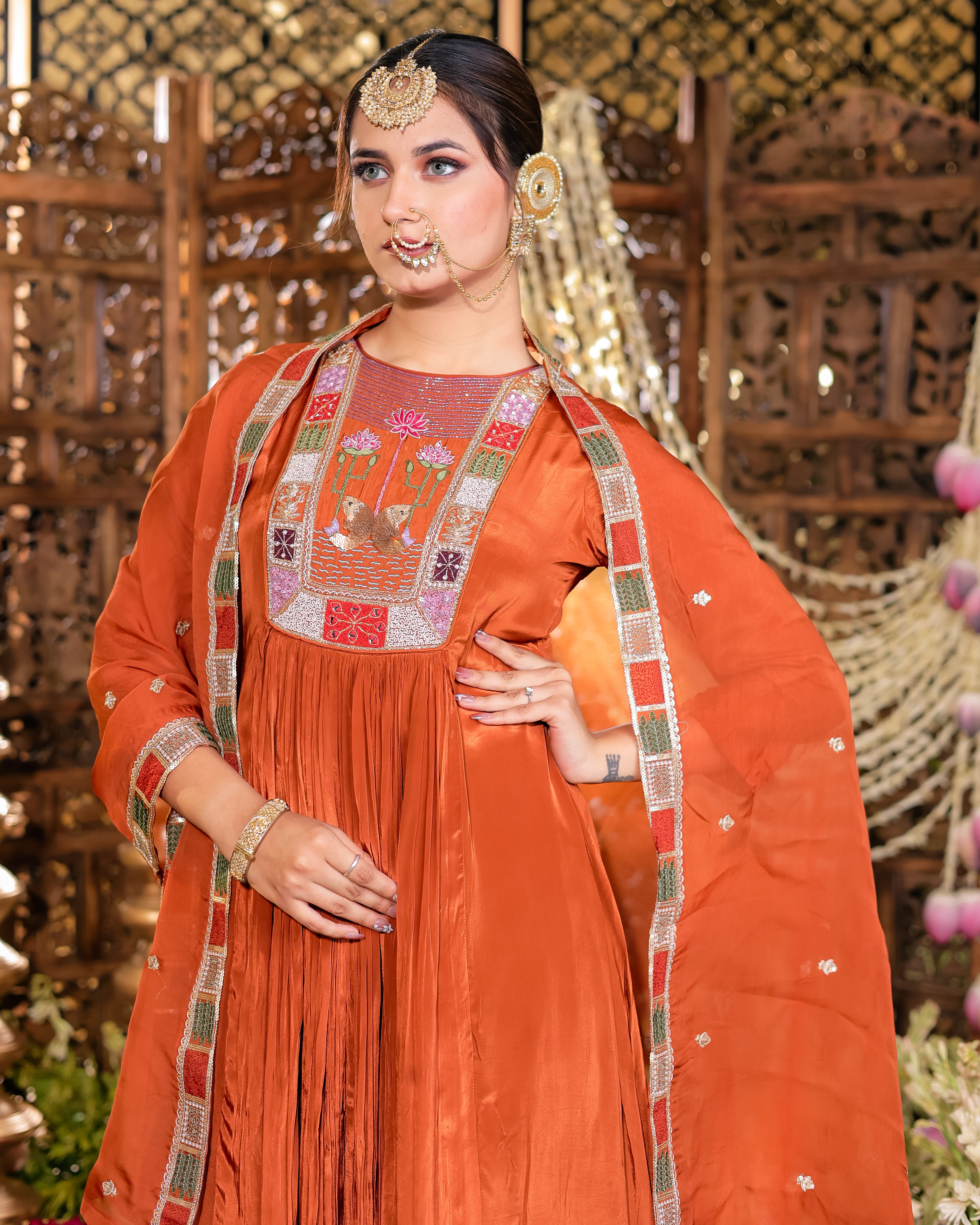 Rust Colour Anarkali Flared Kurta with Palazzo and Dupatta in Viscose Silk