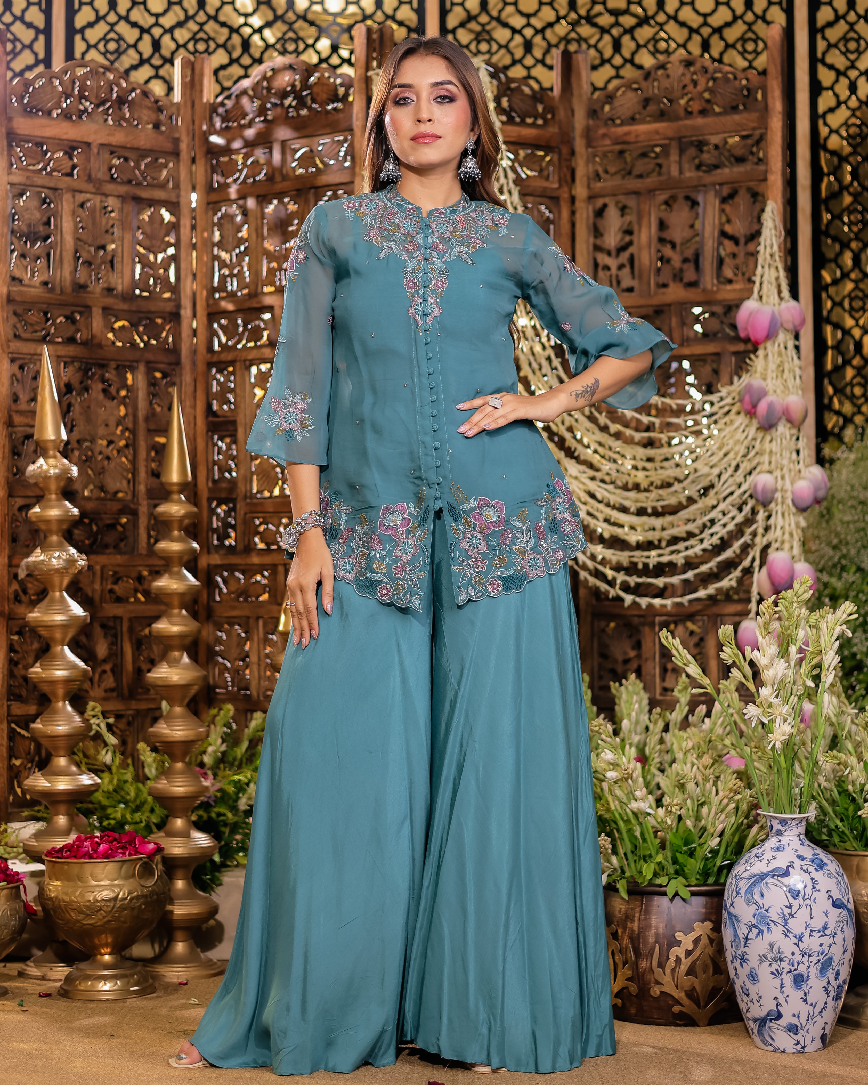 Teal Blossom Embroidered Kurti Palazzo Set