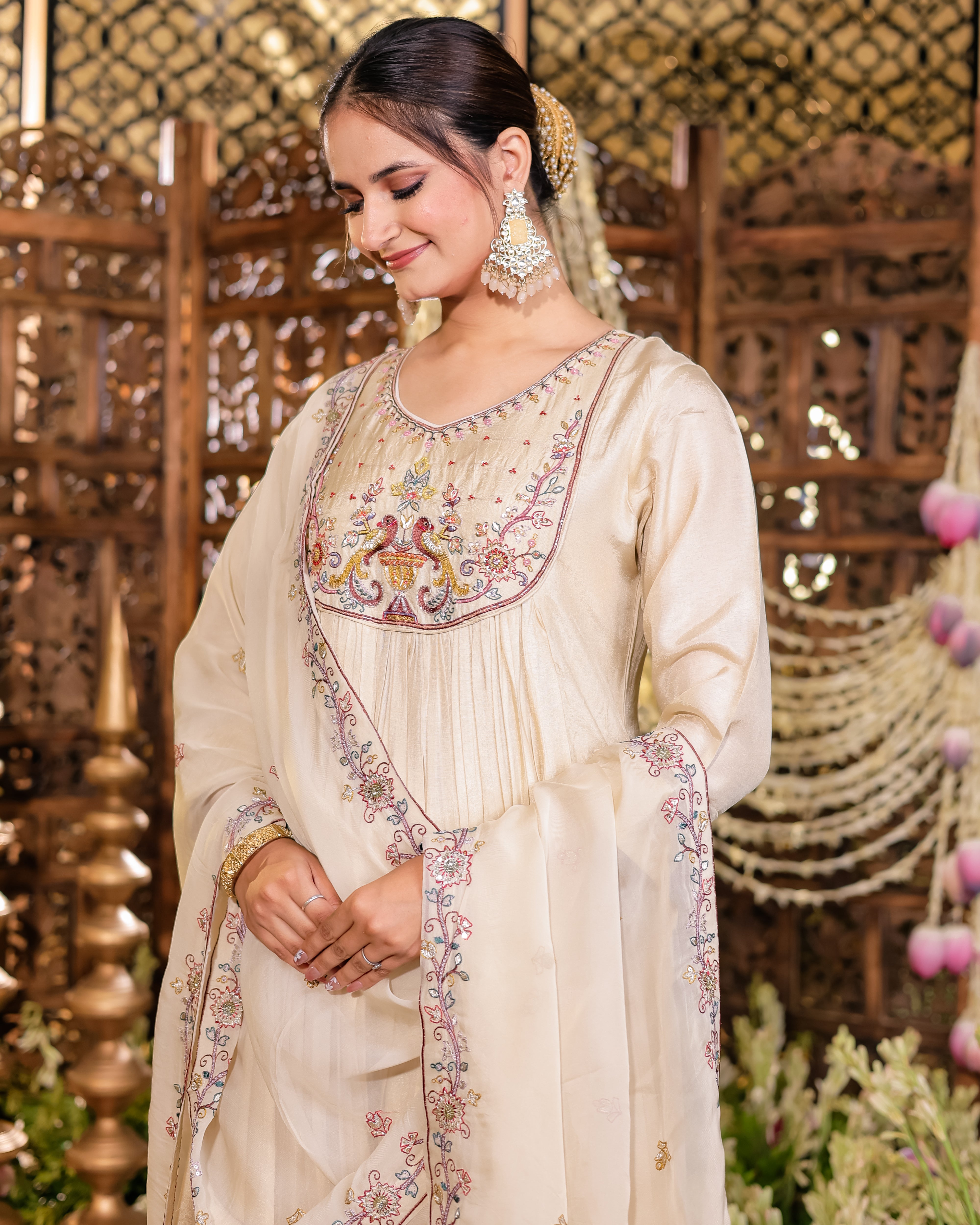 Brown Colour Anarkali Flared Kurta with Palazzo and Dupatta in Viscose Silk