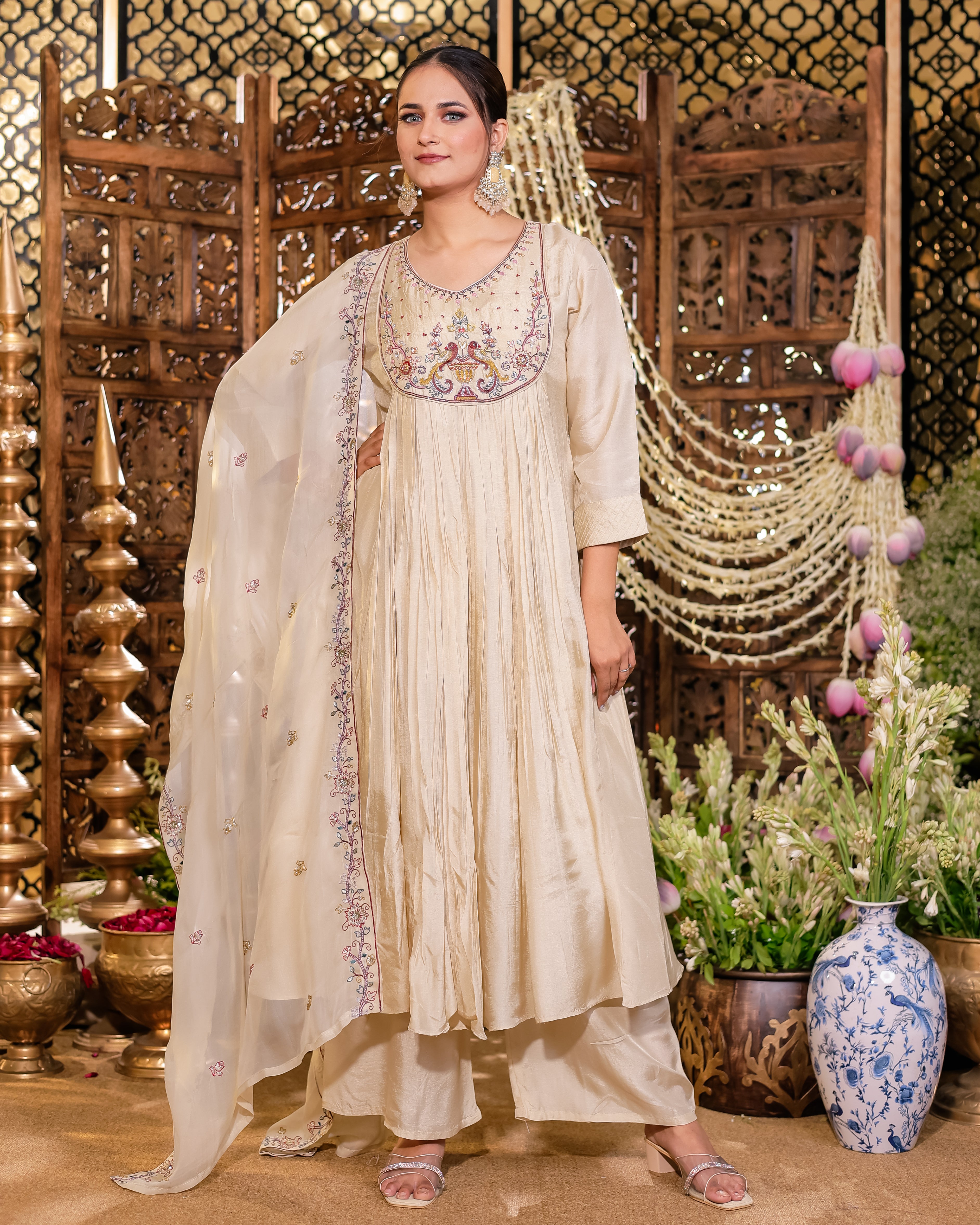 Brown Colour Anarkali Flared Kurta with Palazzo and Dupatta in Viscose Silk