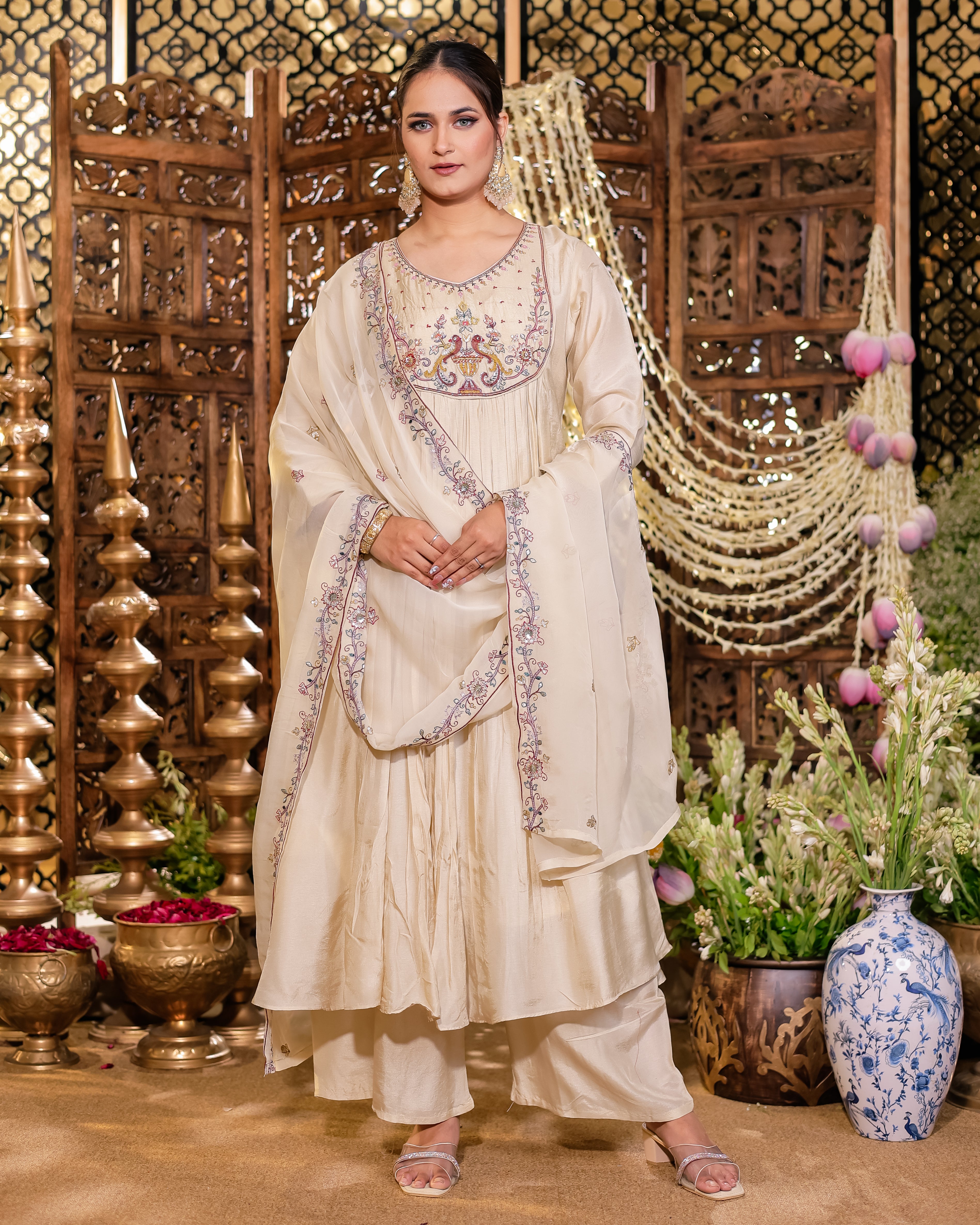 Brown Colour Anarkali Flared Kurta with Palazzo and Dupatta in Viscose Silk