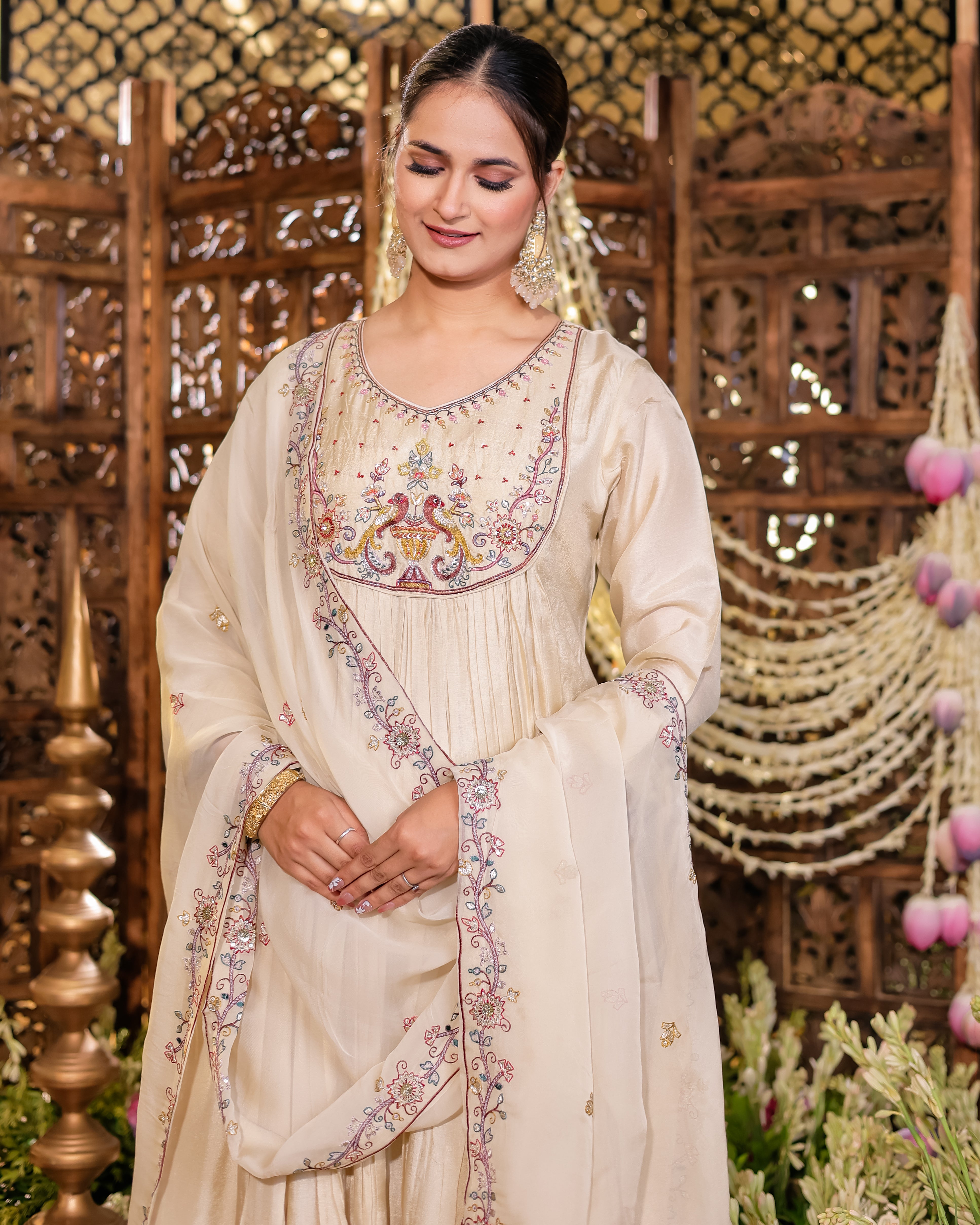 Brown Colour Anarkali Flared Kurta with Palazzo and Dupatta in Viscose Silk