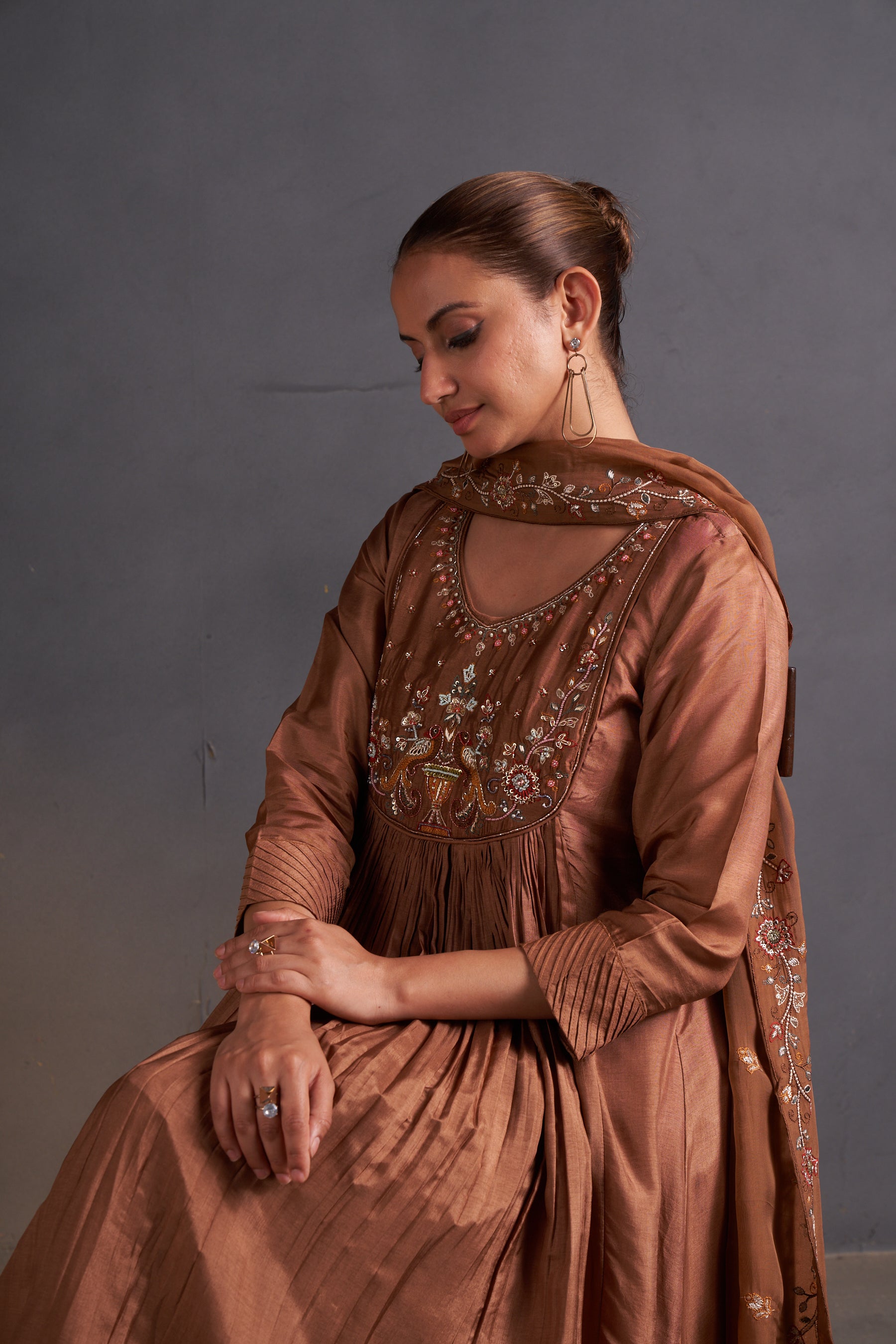 Mocha Grace Embroidered Kurti Palazzo Set