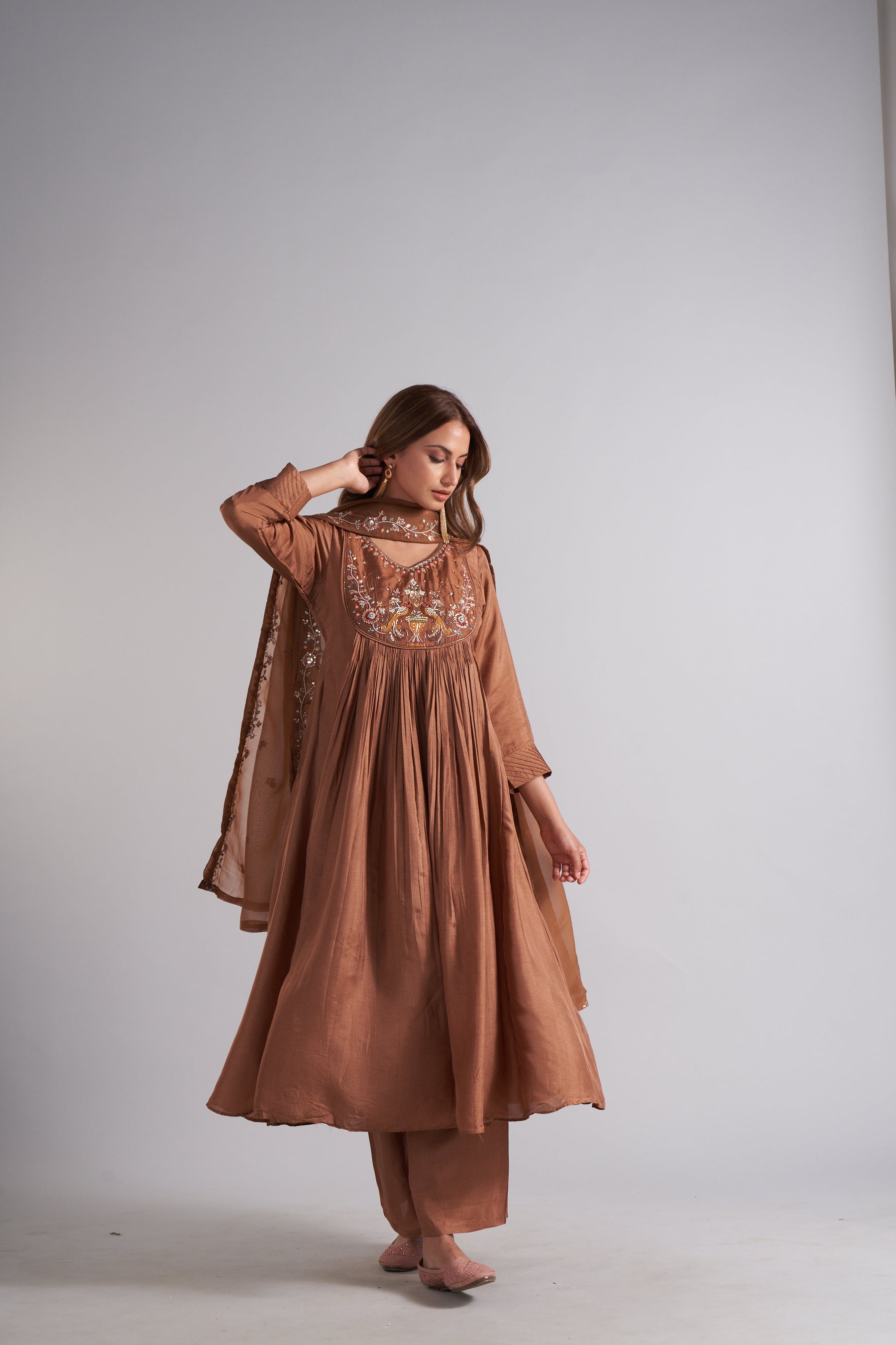 Mocha Grace Embroidered Kurti Palazzo Set